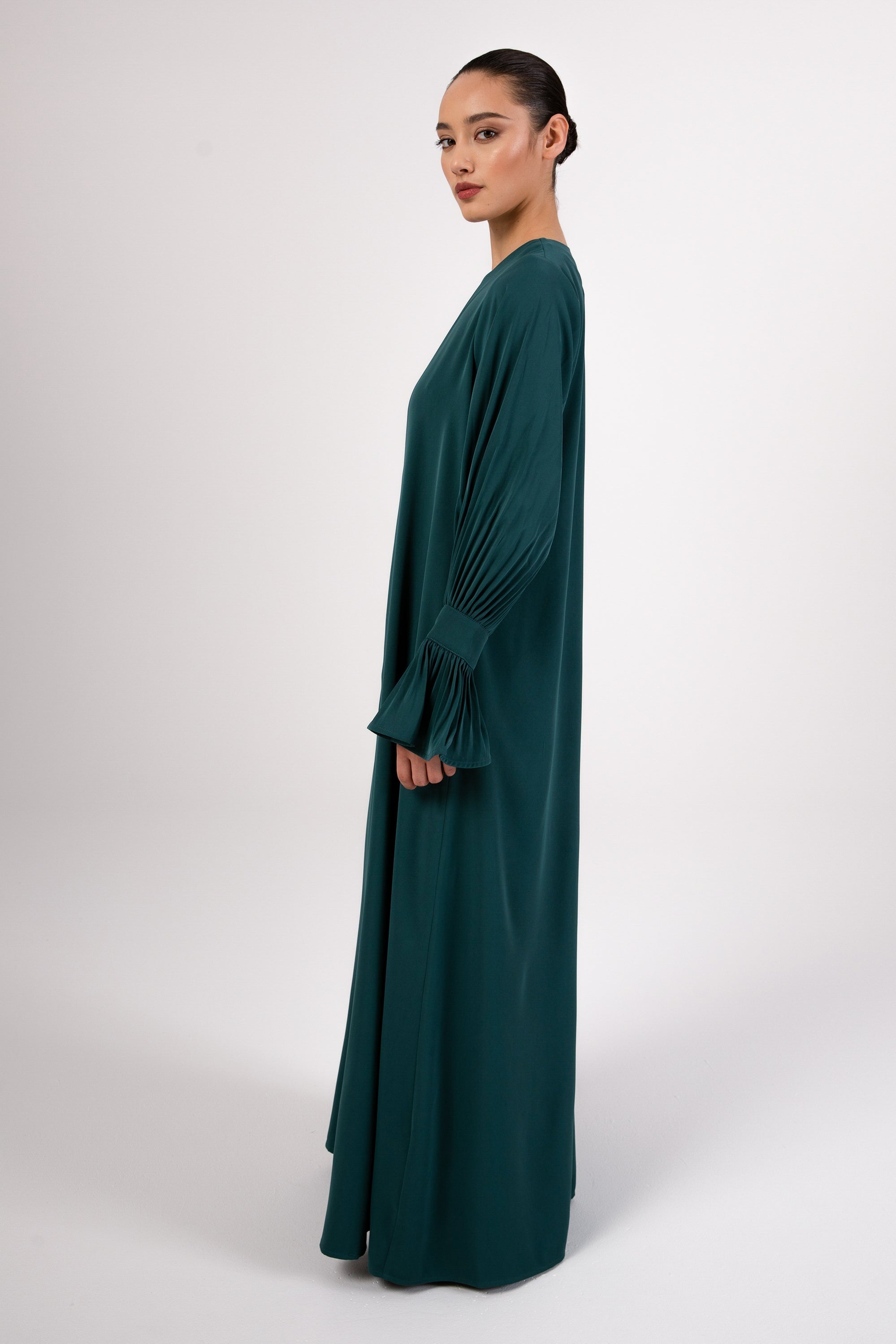 Jamila Cinched Sleeve Open Abaya and Dress Set- Teal Abayas saigonodysseyhotel 