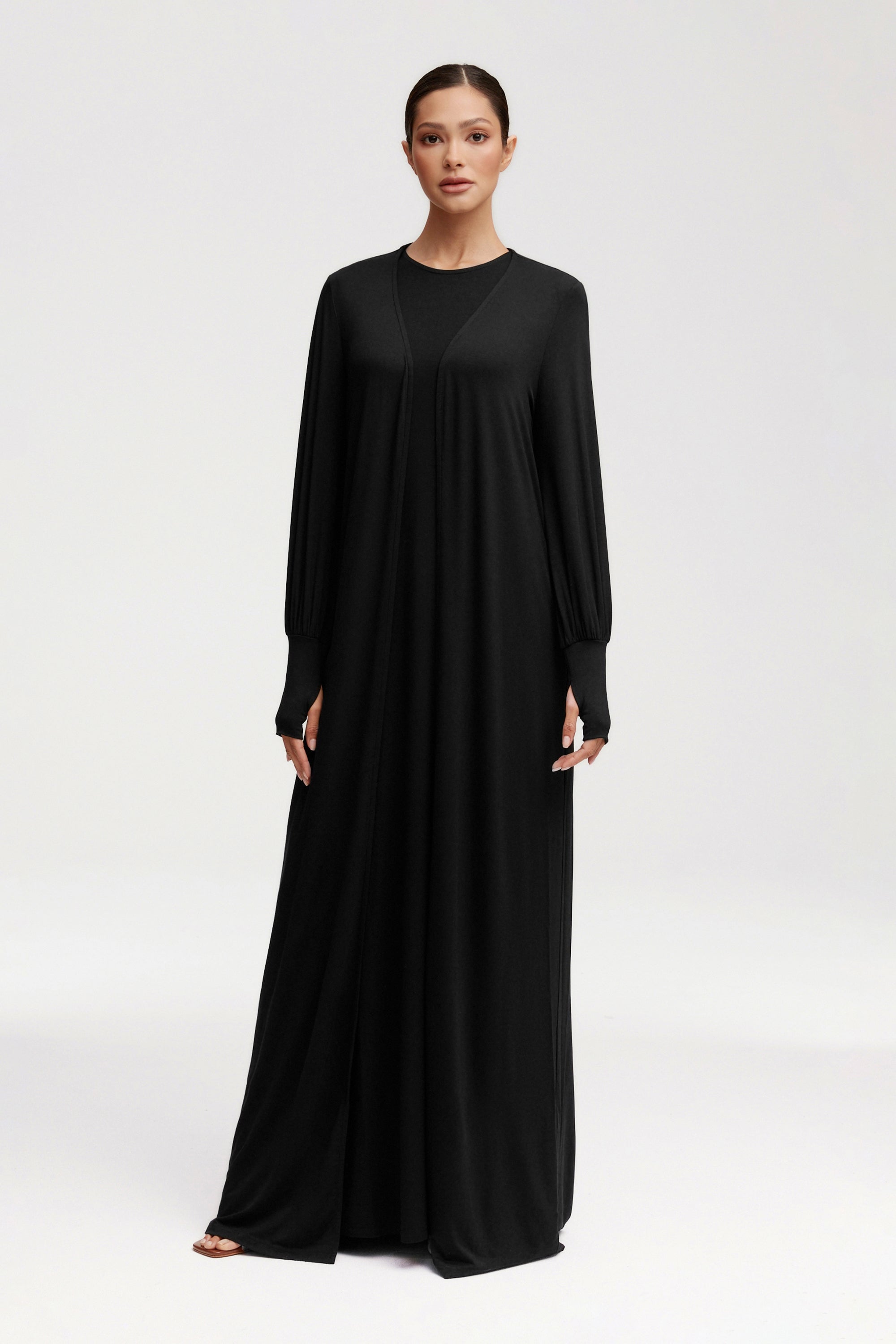 Jenin Jersey Open Abaya & Maxi Dress Set - Black Clothing saigonodysseyhotel 
