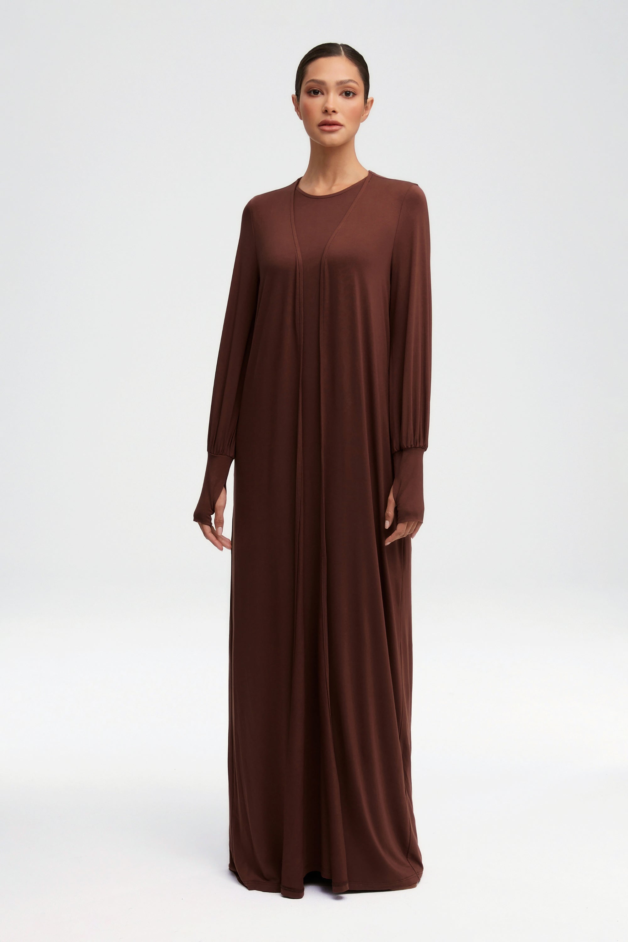 Jenin Jersey Open Abaya & Maxi Dress Set - Chocolate Clothing epschoolboard 