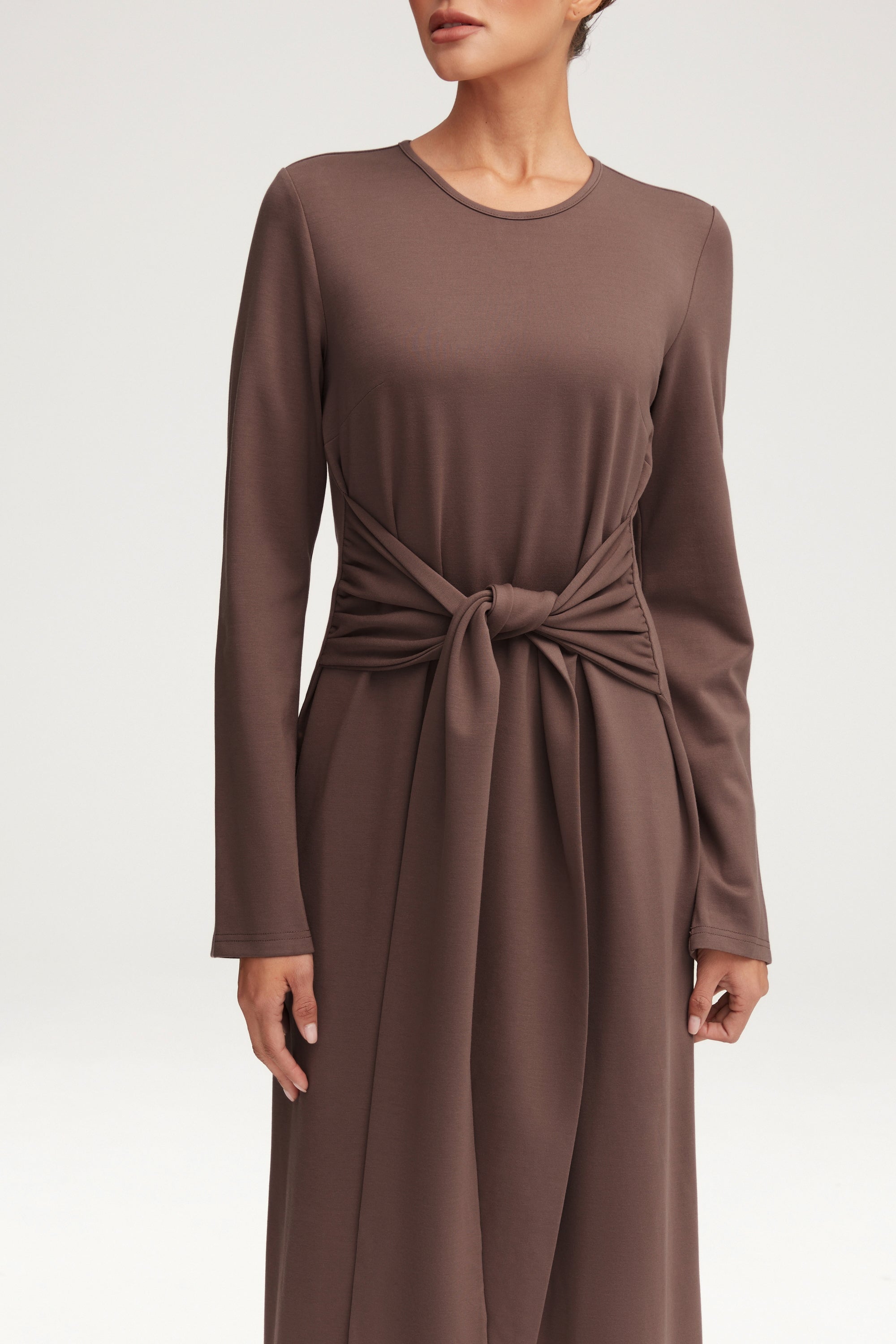 Jersey Tie Front Maxi Dress - Dark Taupe Clothing epschoolboard 