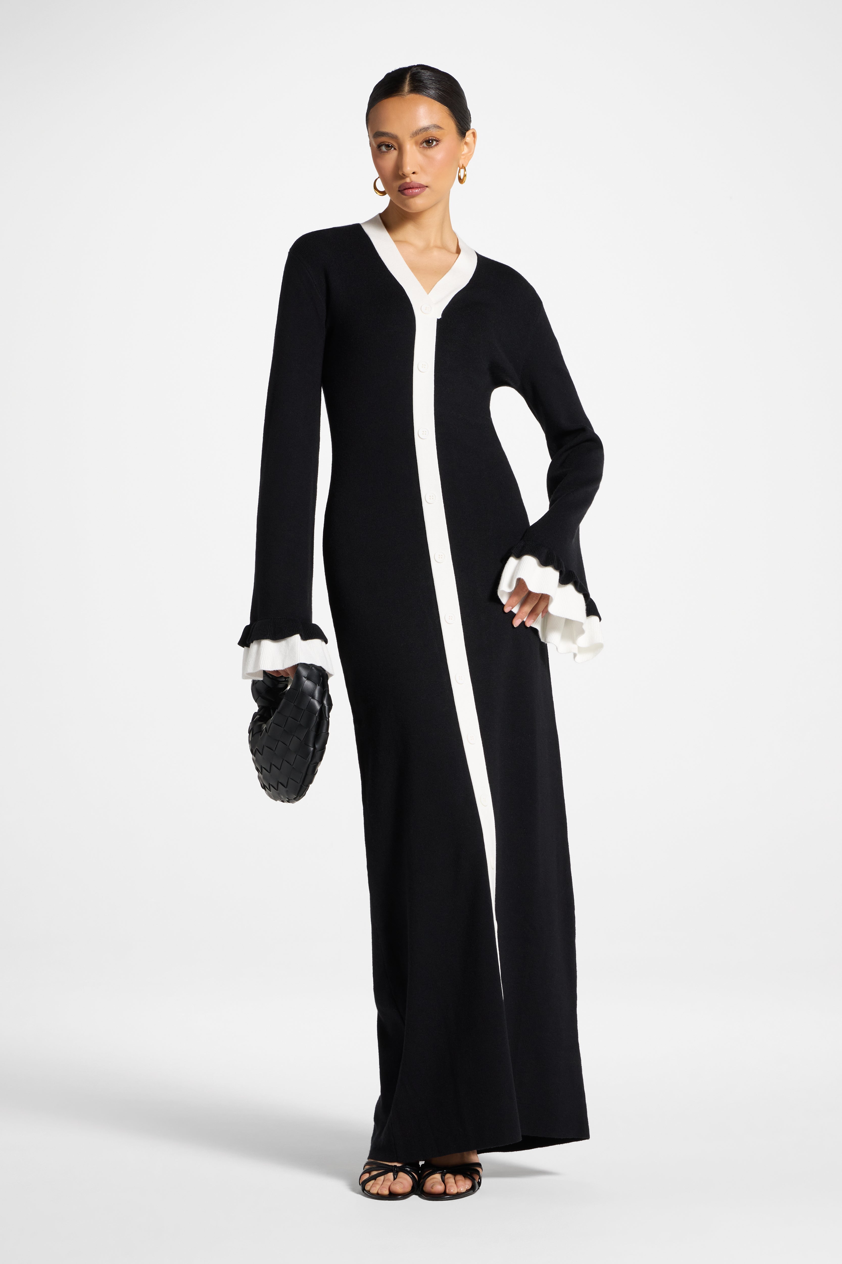 Knit Button Front Maxi Dress - Black Abayas Veiled