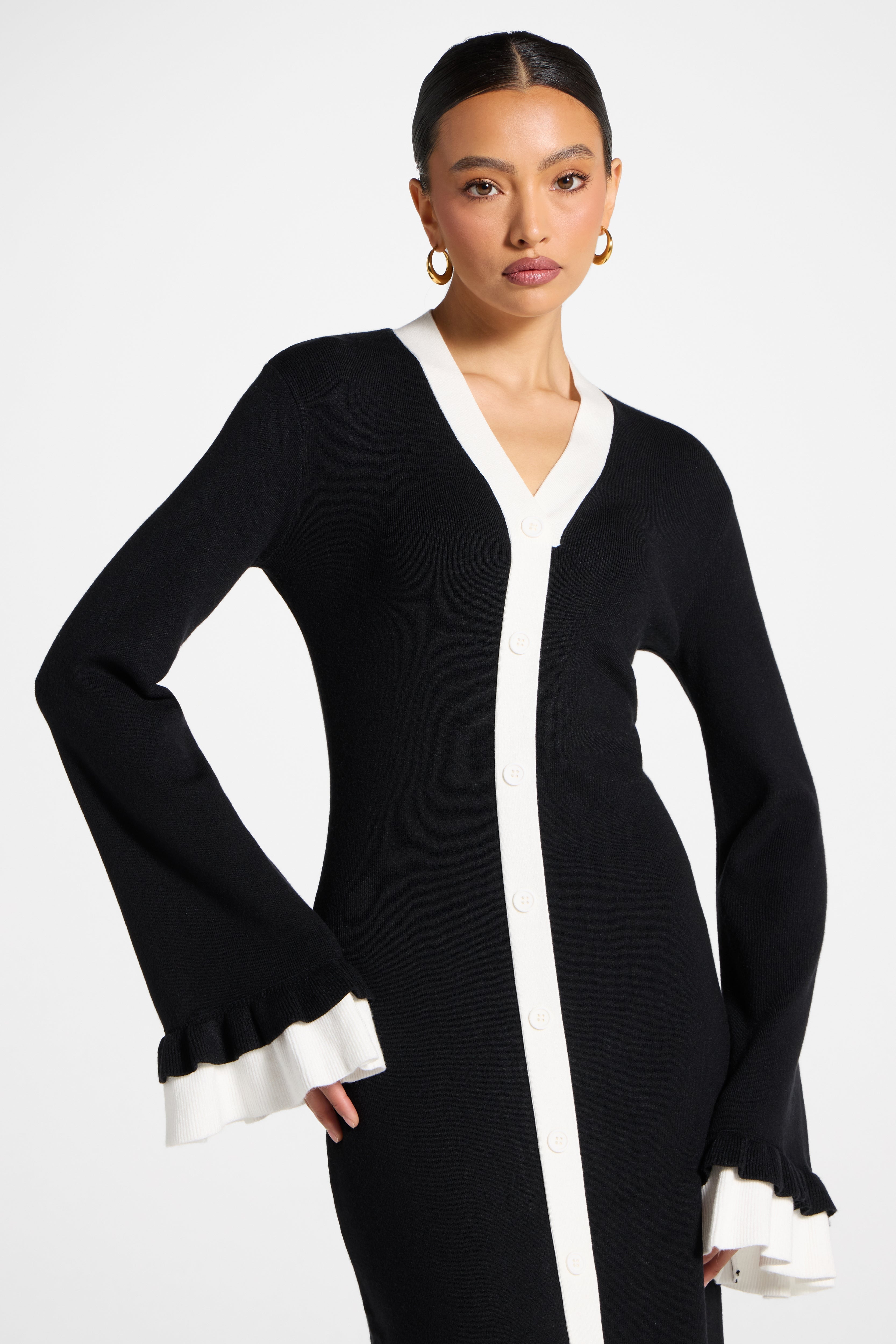 Knit Button Front Maxi Dress - Black Abayas Veiled