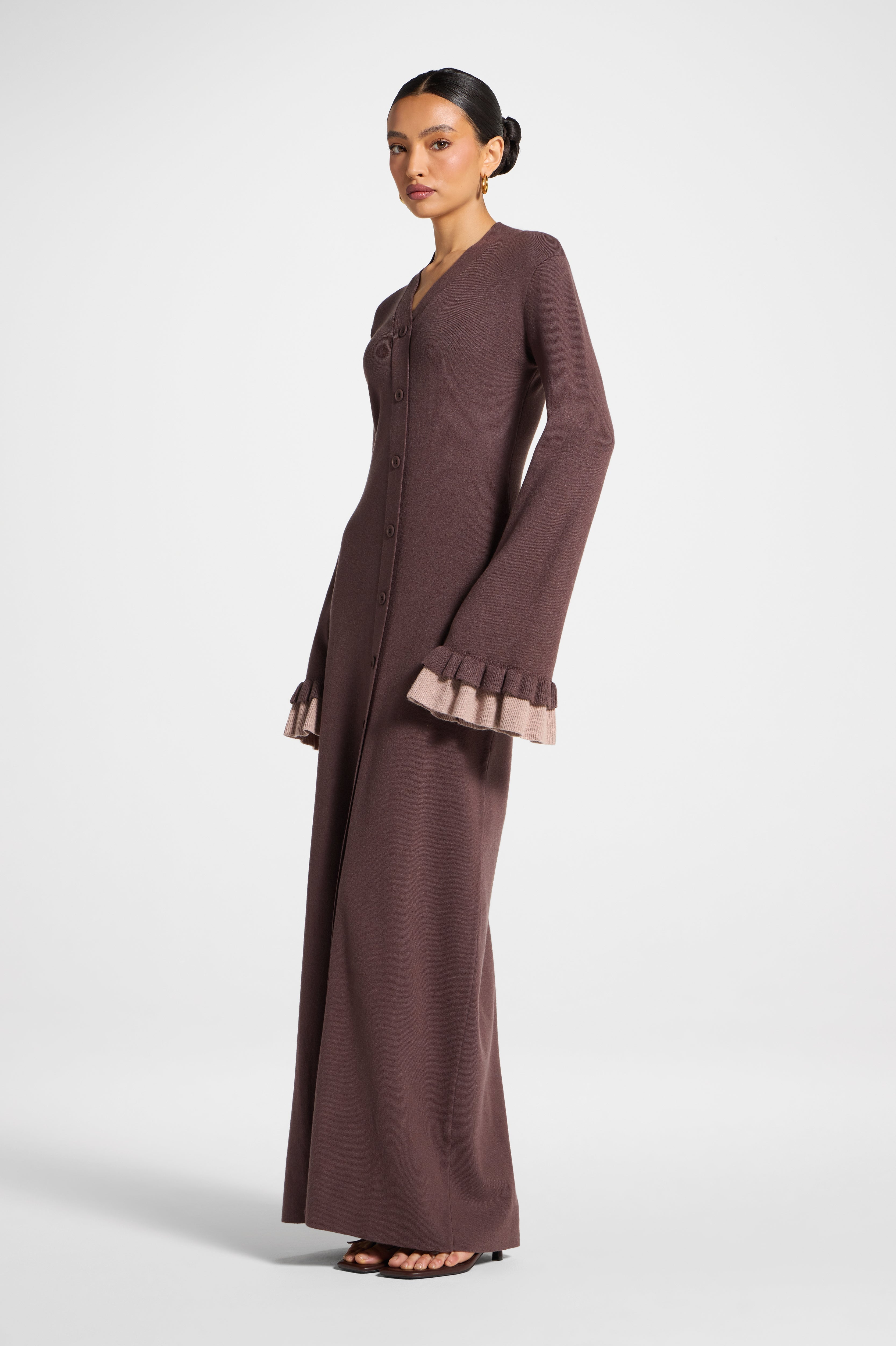 Knit Button Front Maxi Dress - Deep Taupe Abayas Veiled