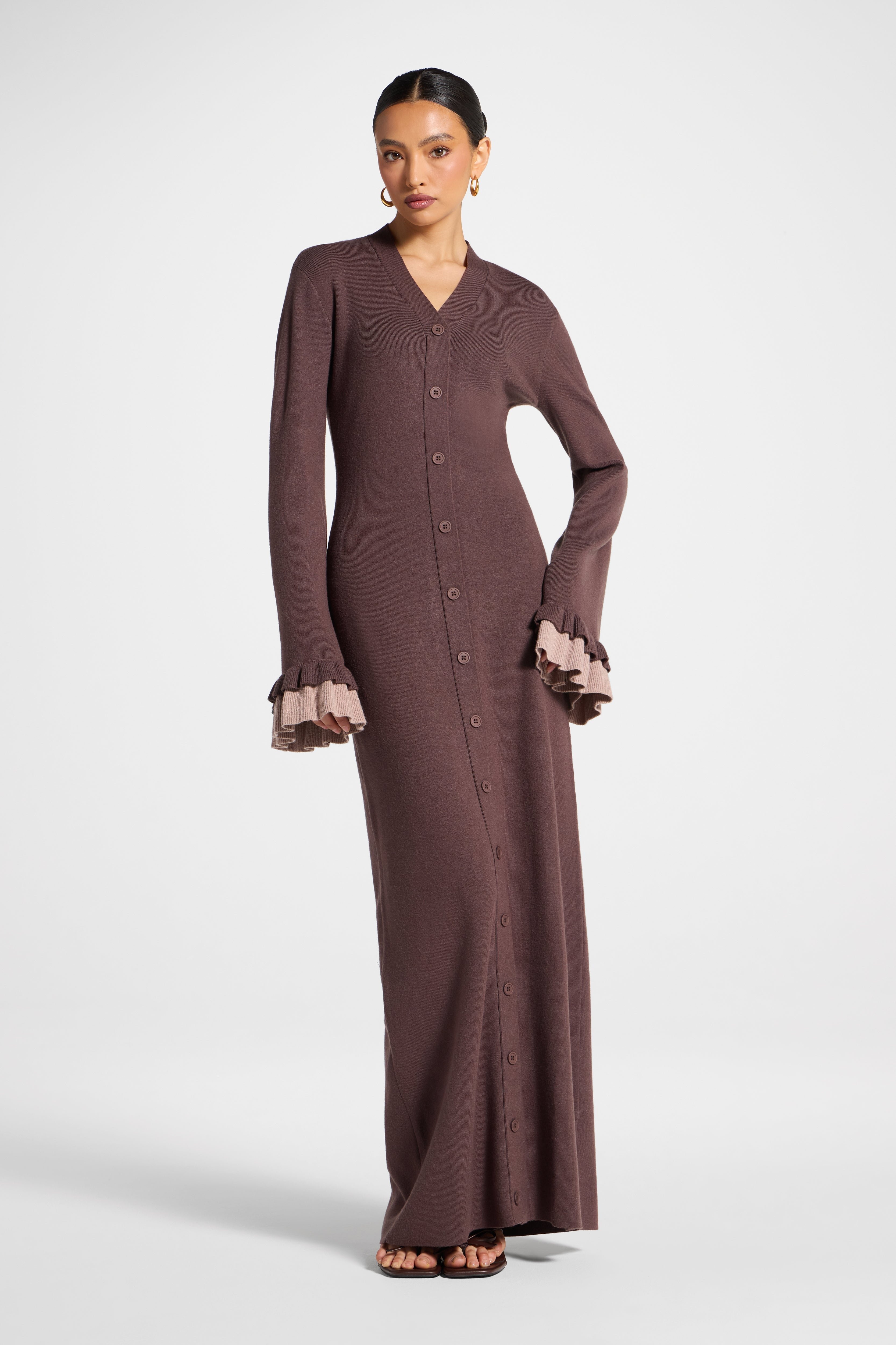 Knit Button Front Maxi Dress - Deep Taupe Abayas Veiled