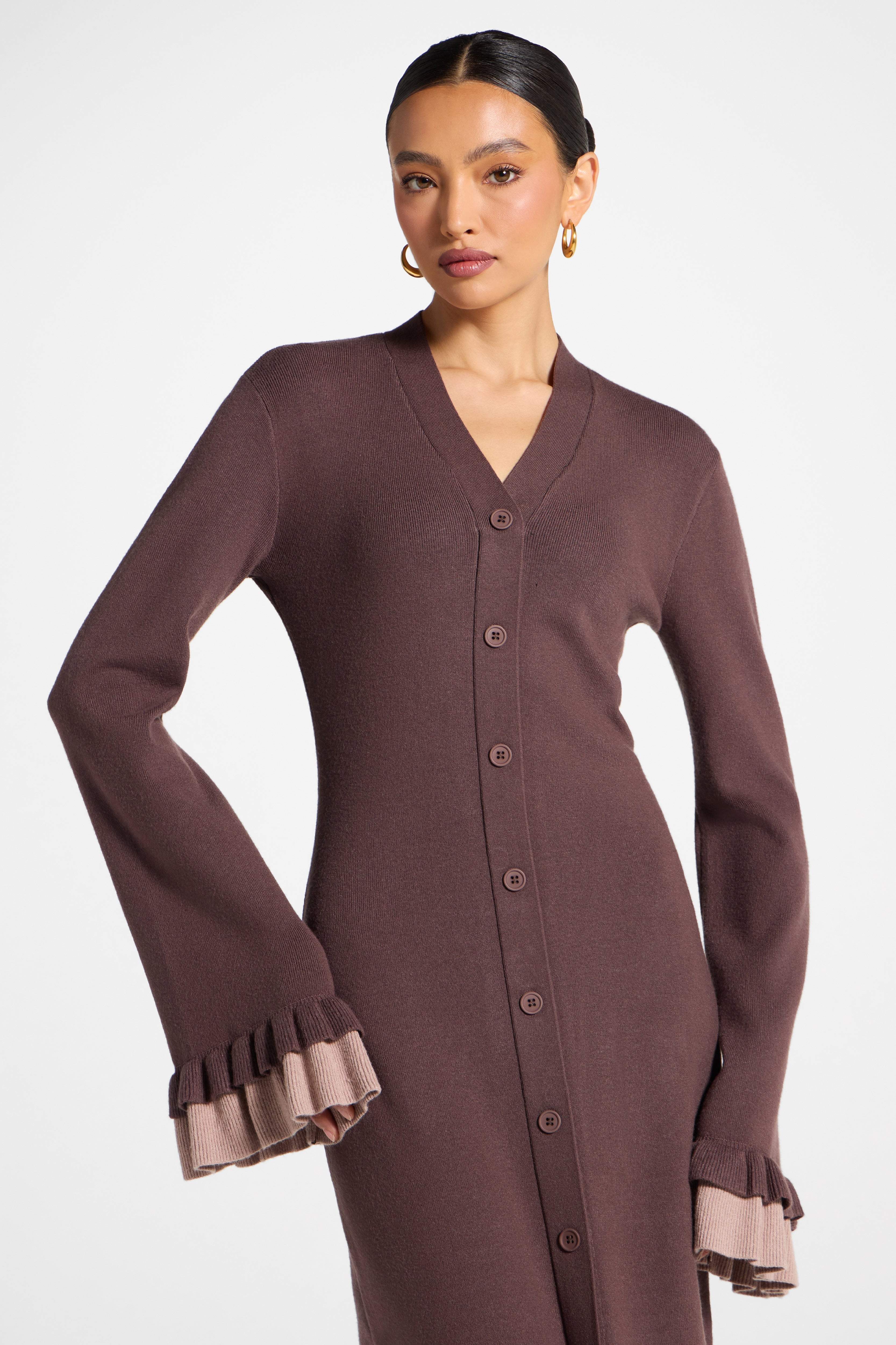 Knit Button Front Maxi Dress - Deep Taupe Abayas Veiled