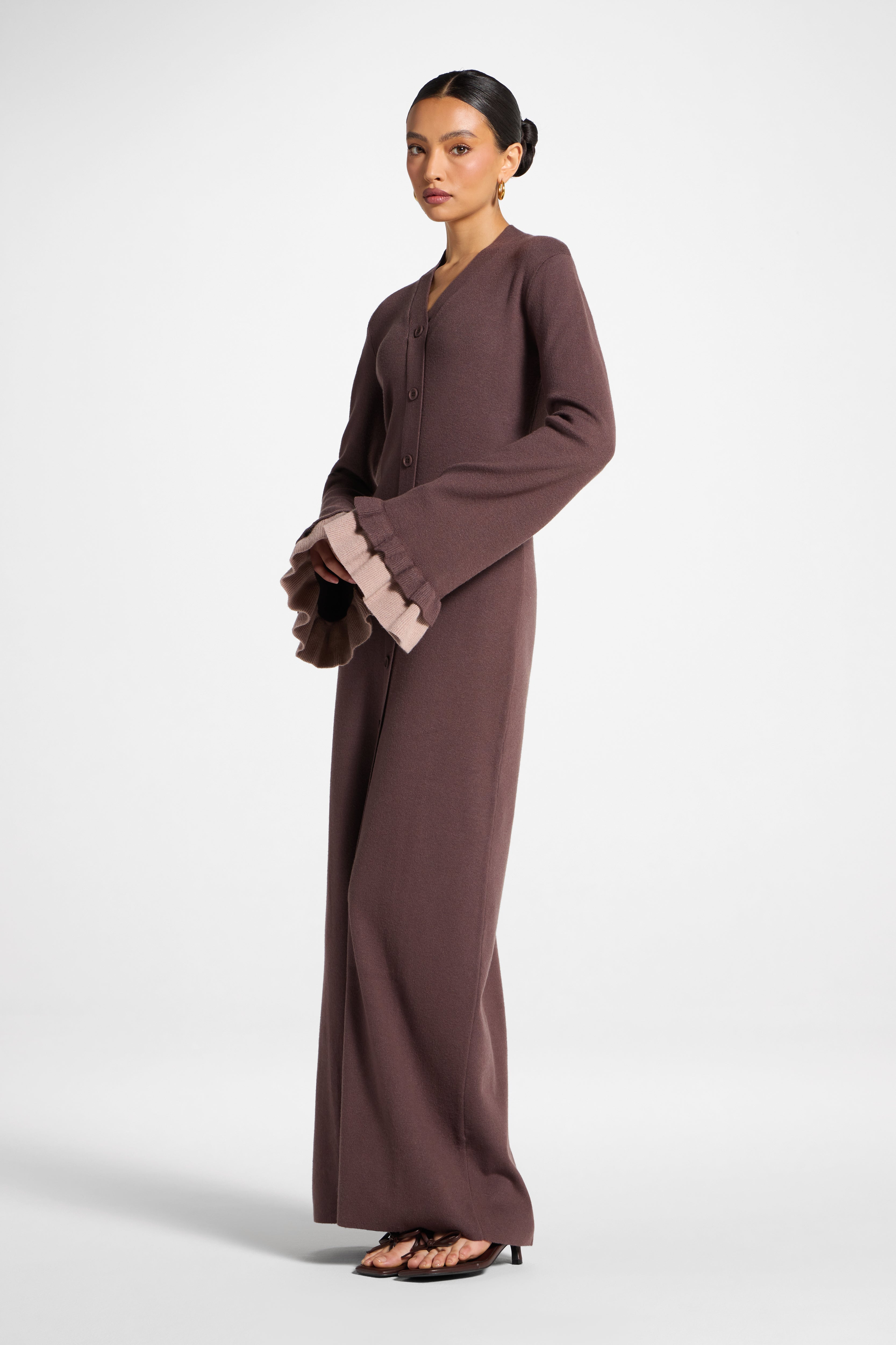 Knit Button Front Maxi Dress - Deep Taupe Abayas Veiled