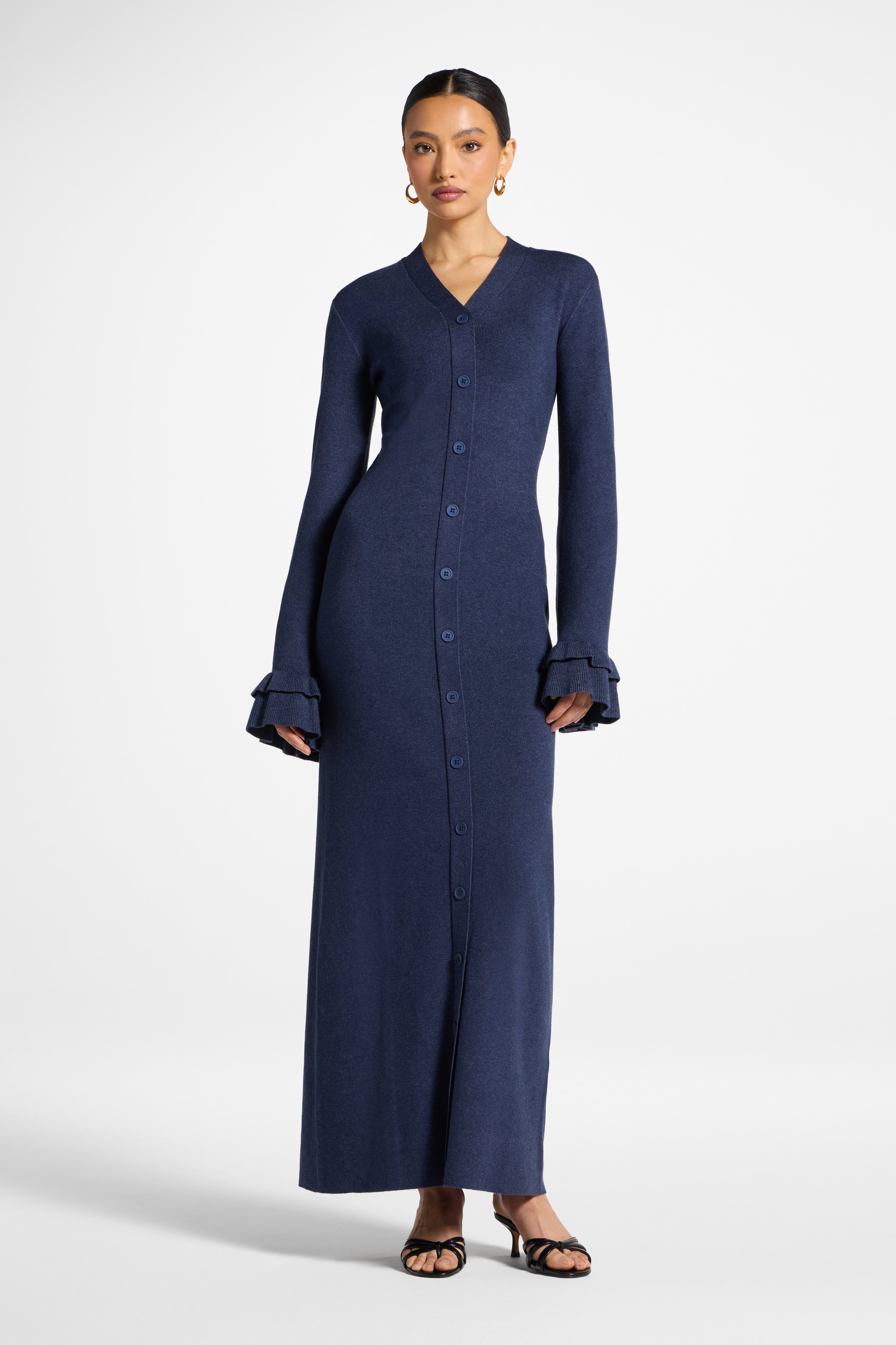 Knit Button Front Maxi Dress - Denim Abayas Veiled