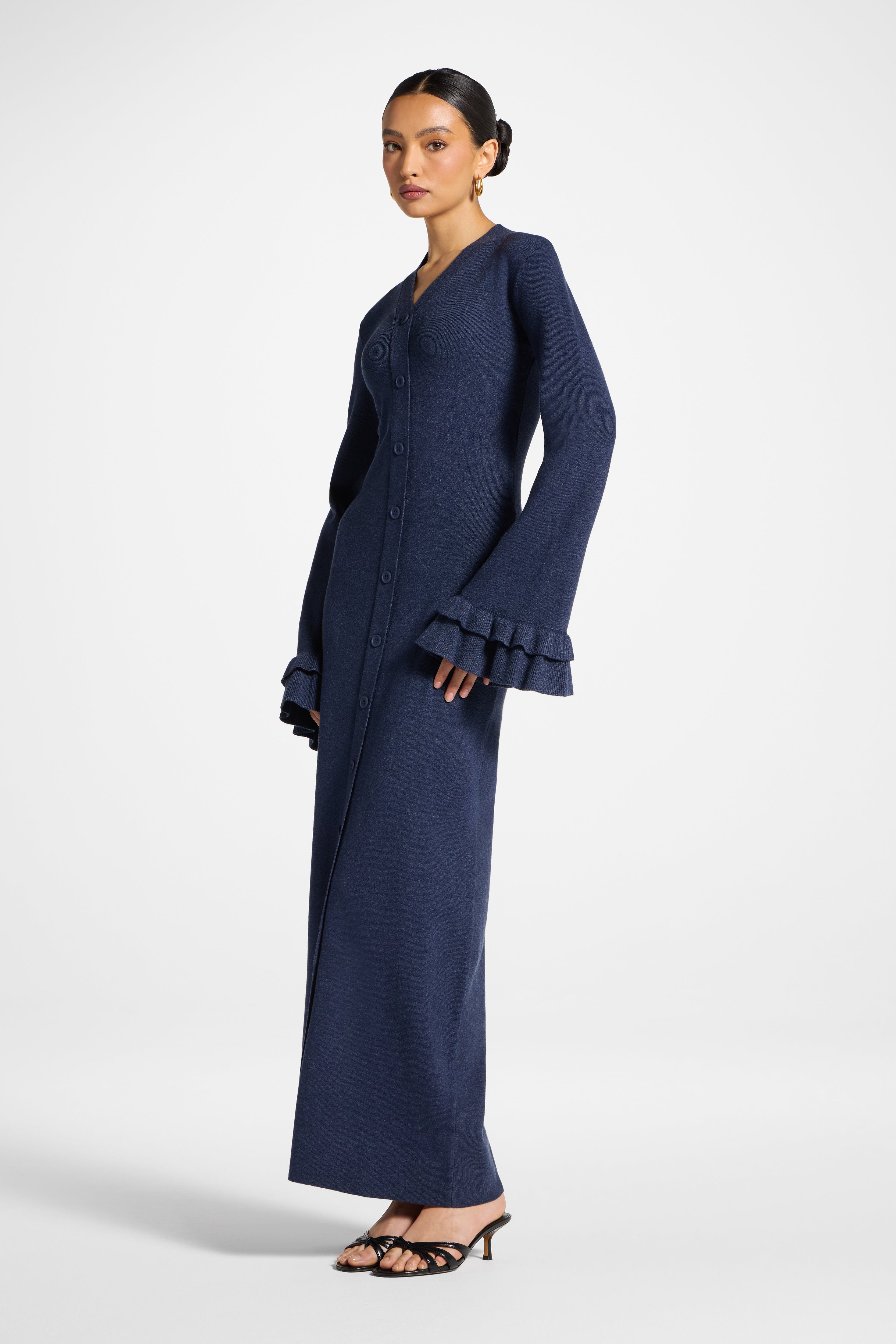 Knit Button Front Maxi Dress - Denim Abayas Veiled