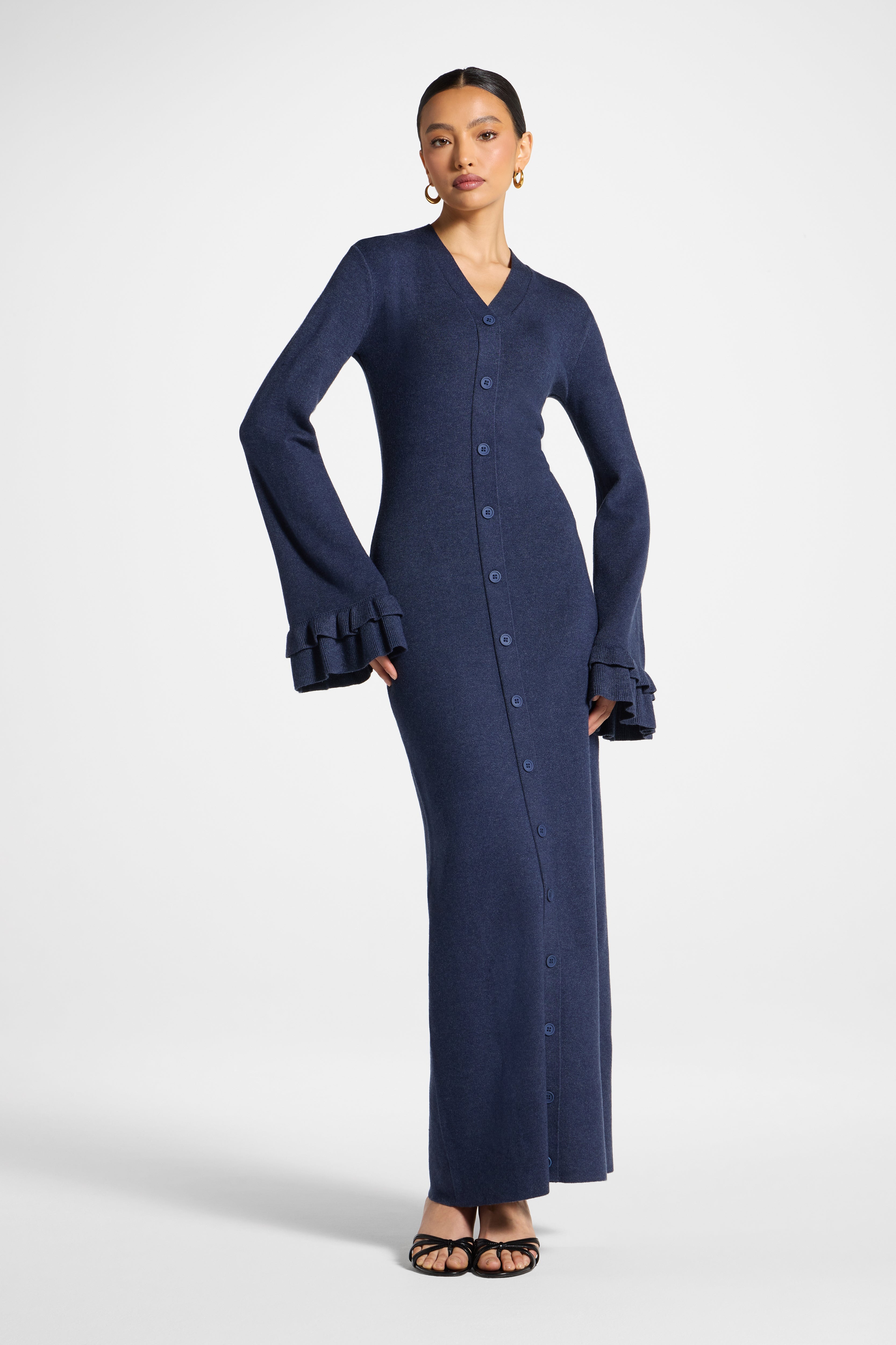 Knit Button Front Maxi Dress - Denim Abayas Veiled