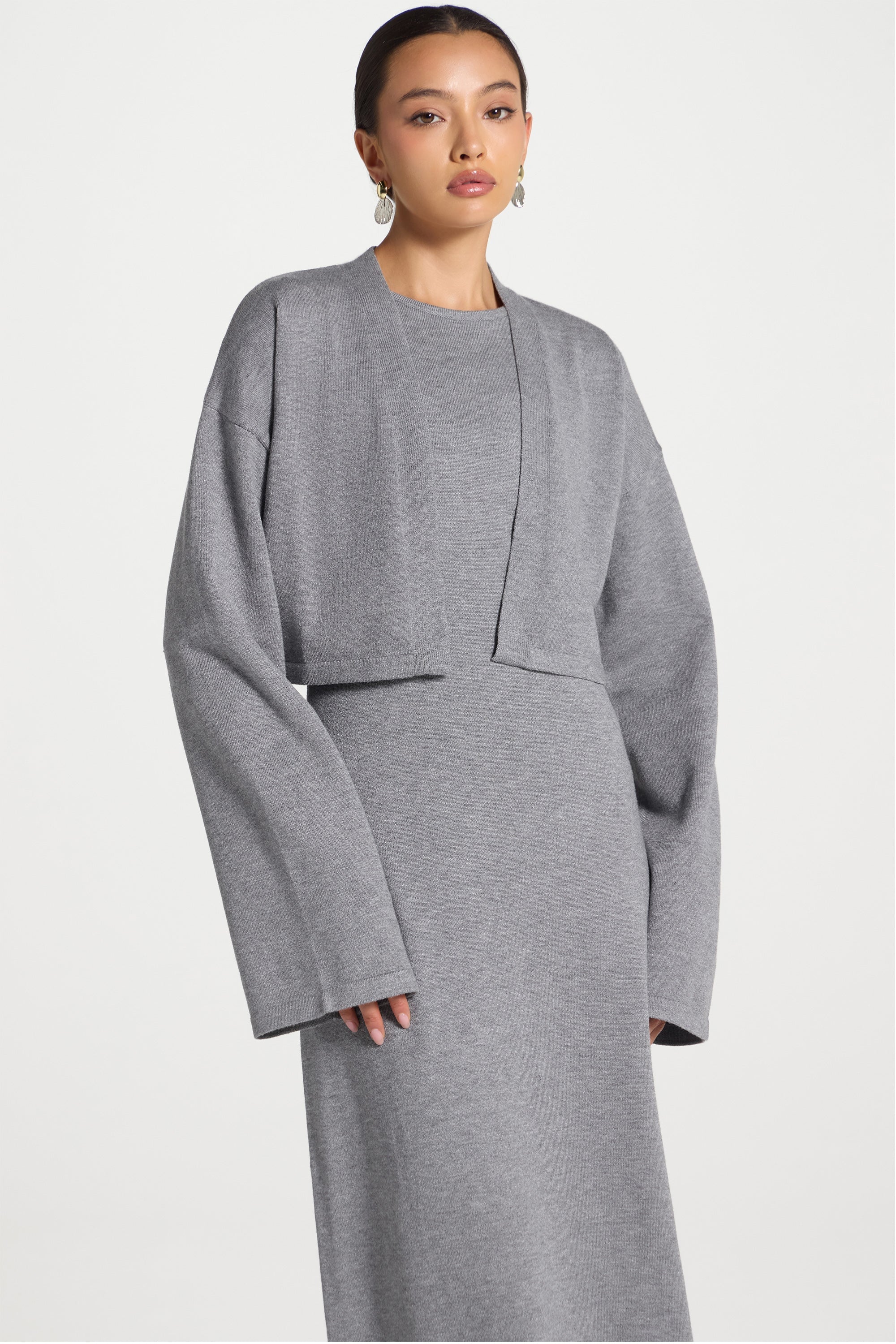 Knit Cardigan & Maxi Dress Set - Dark Grey Abayas Veiled