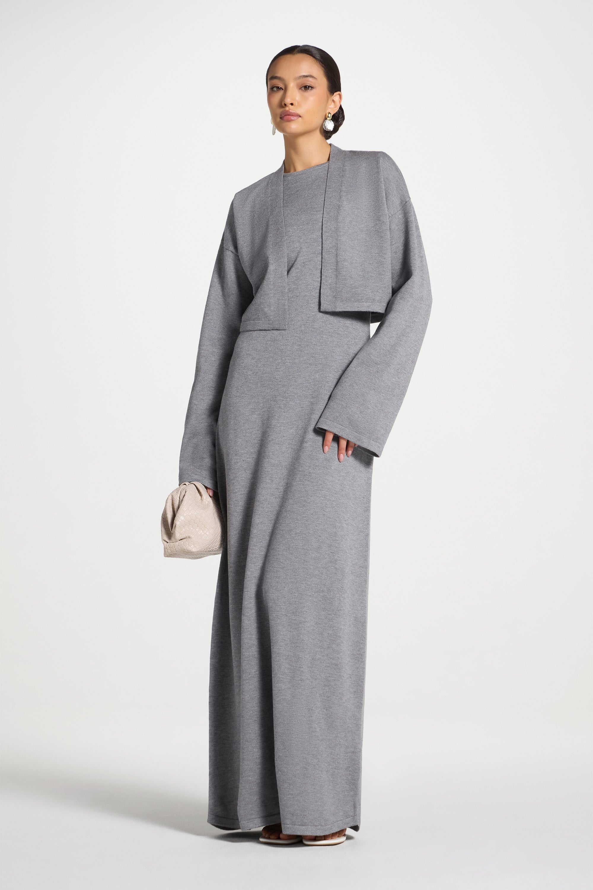 Knit Cardigan & Maxi Dress Set - Dark Grey Abayas Veiled