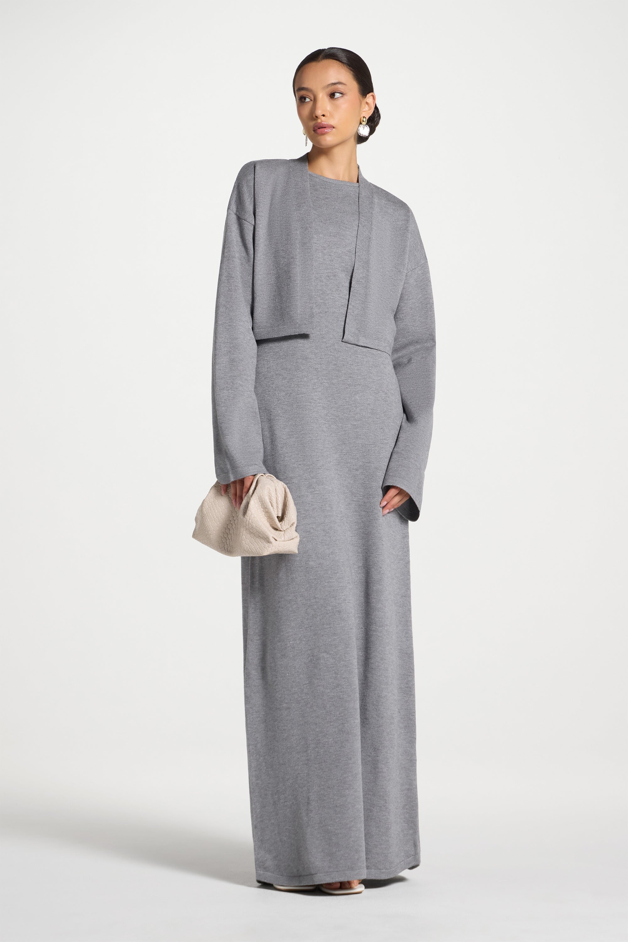 Knit Cardigan & Maxi Dress Set - Dark Grey Abayas Veiled