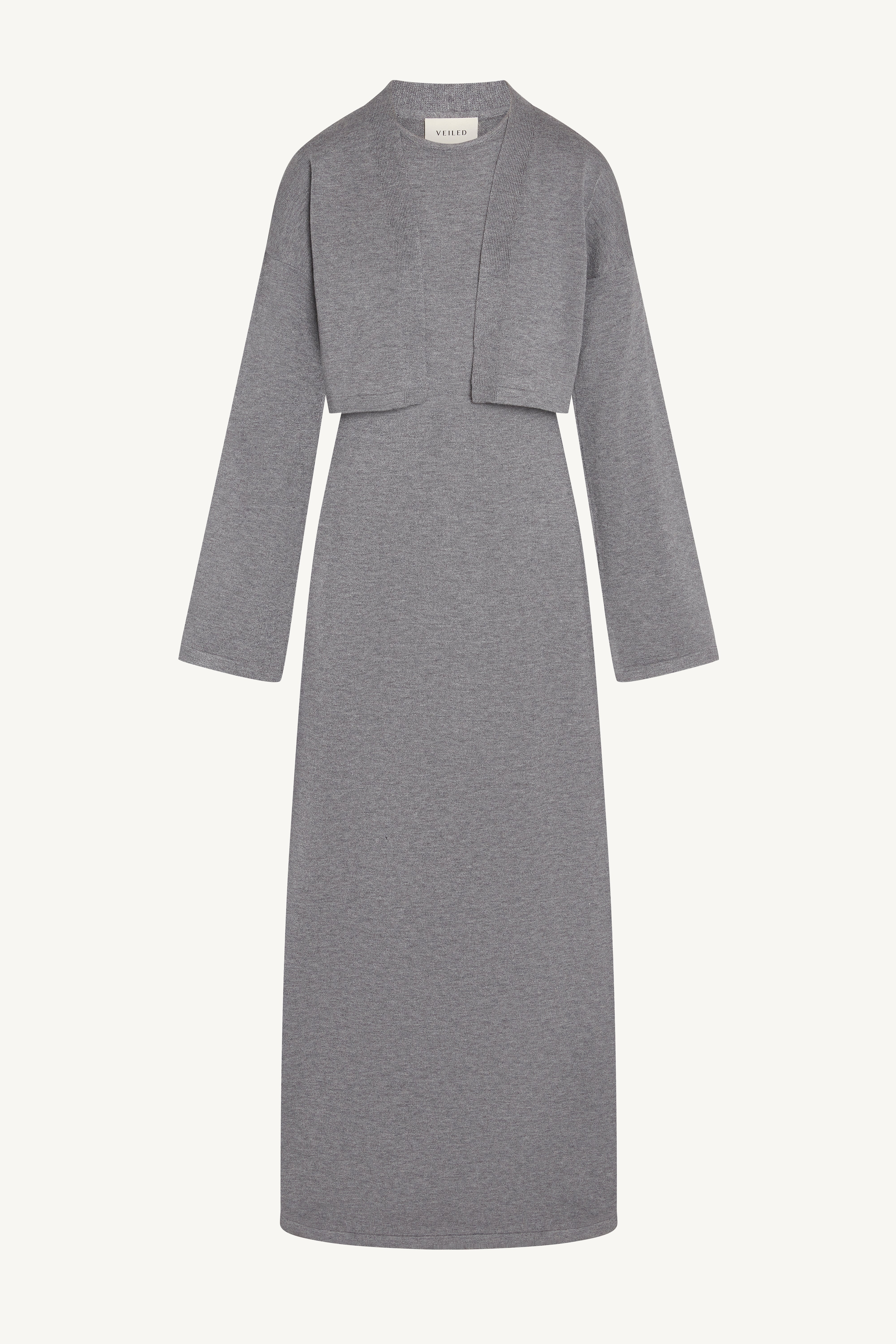 Knit Cardigan & Maxi Dress Set - Dark Grey Abayas Veiled
