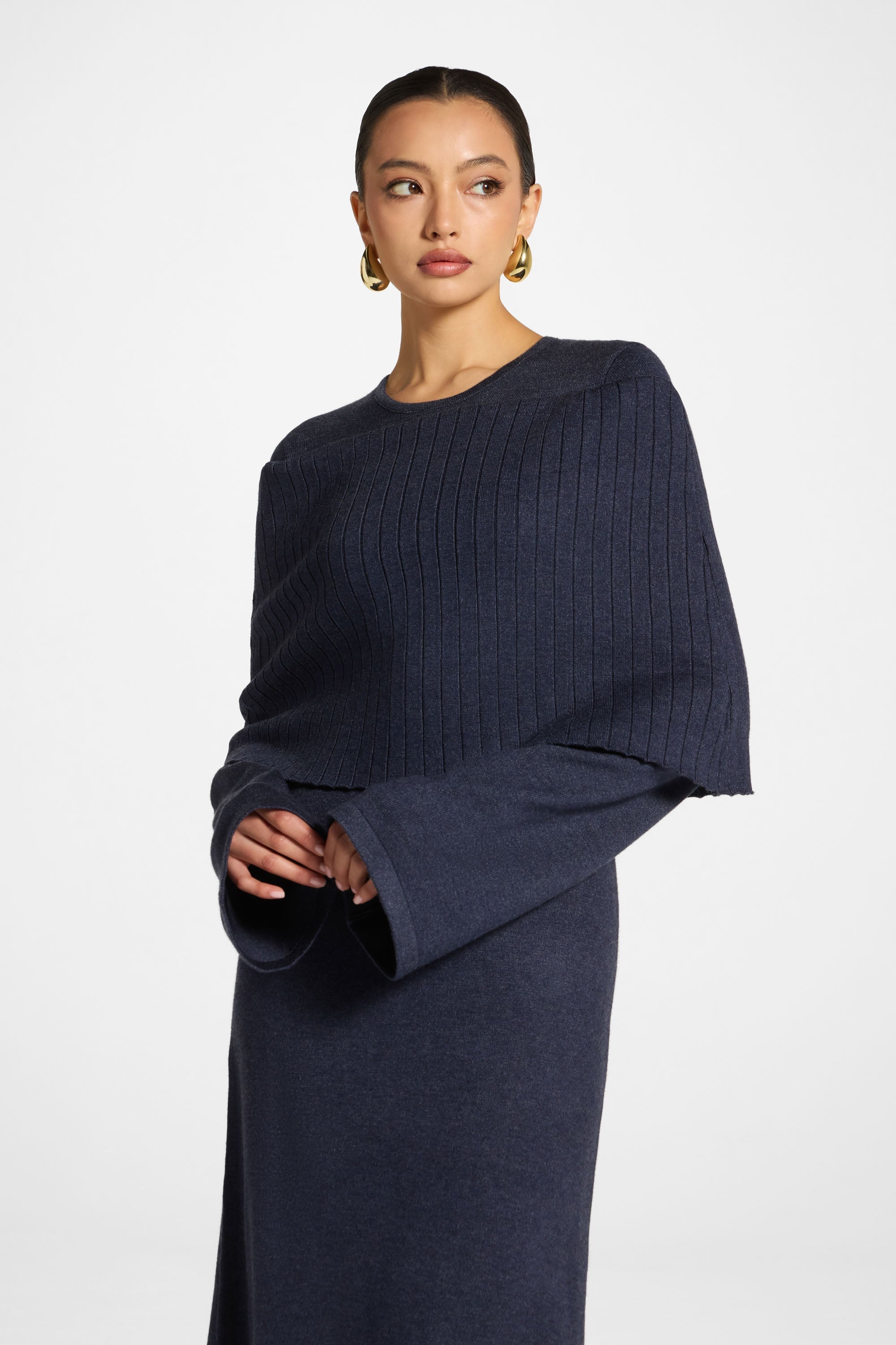 Knit Drape Maxi Dress - Denim Blue Abayas Veiled
