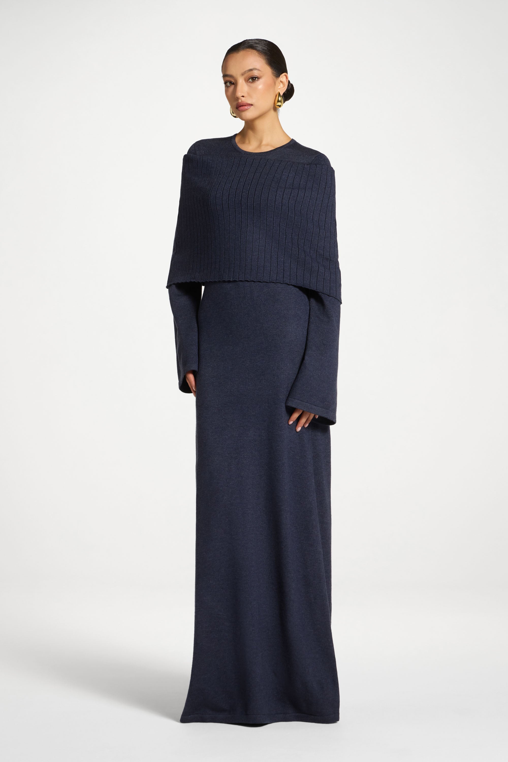 Knit Drape Maxi Dress - Denim Blue Abayas Veiled