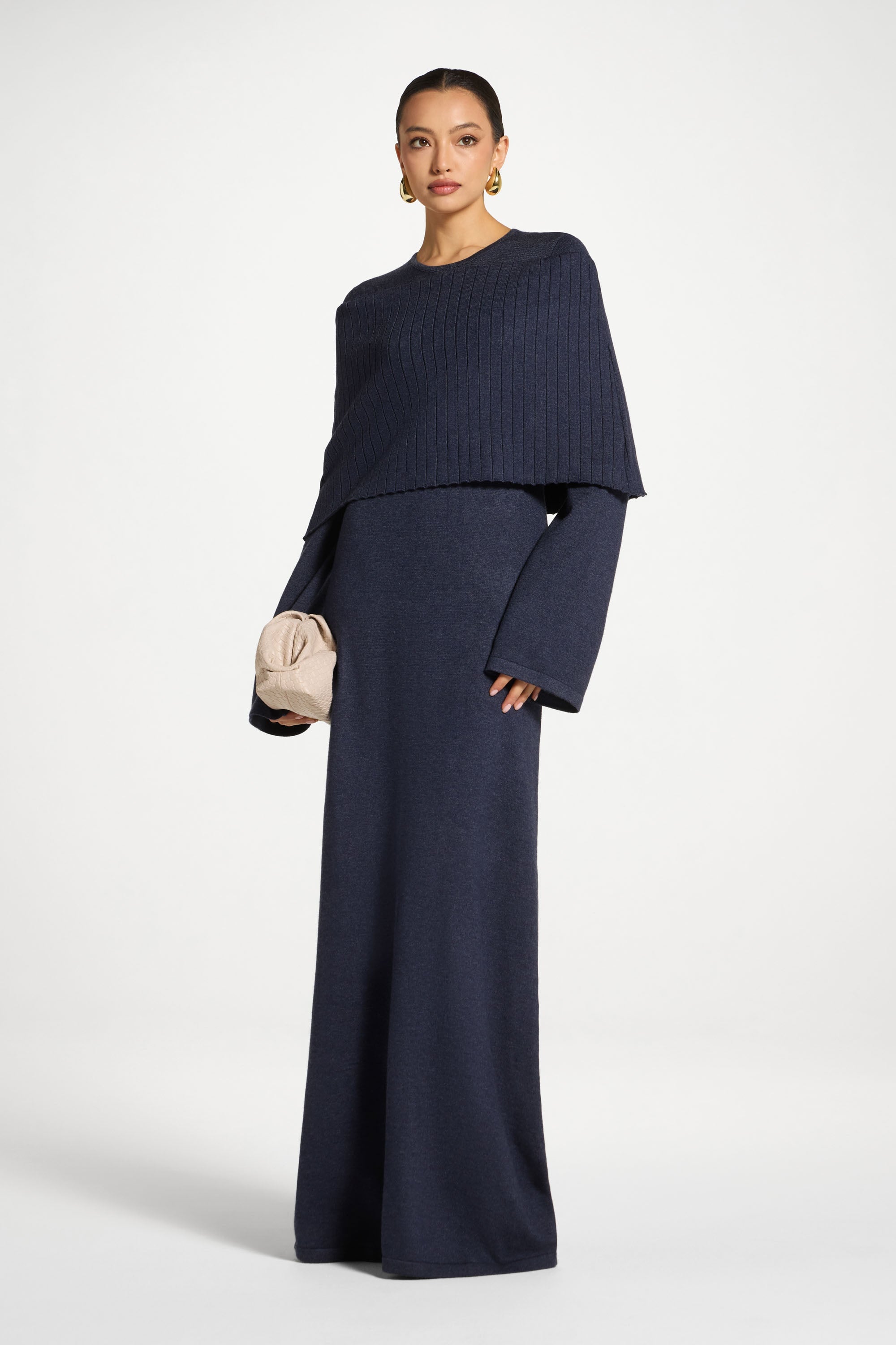 Knit Drape Maxi Dress - Denim Blue Abayas Veiled