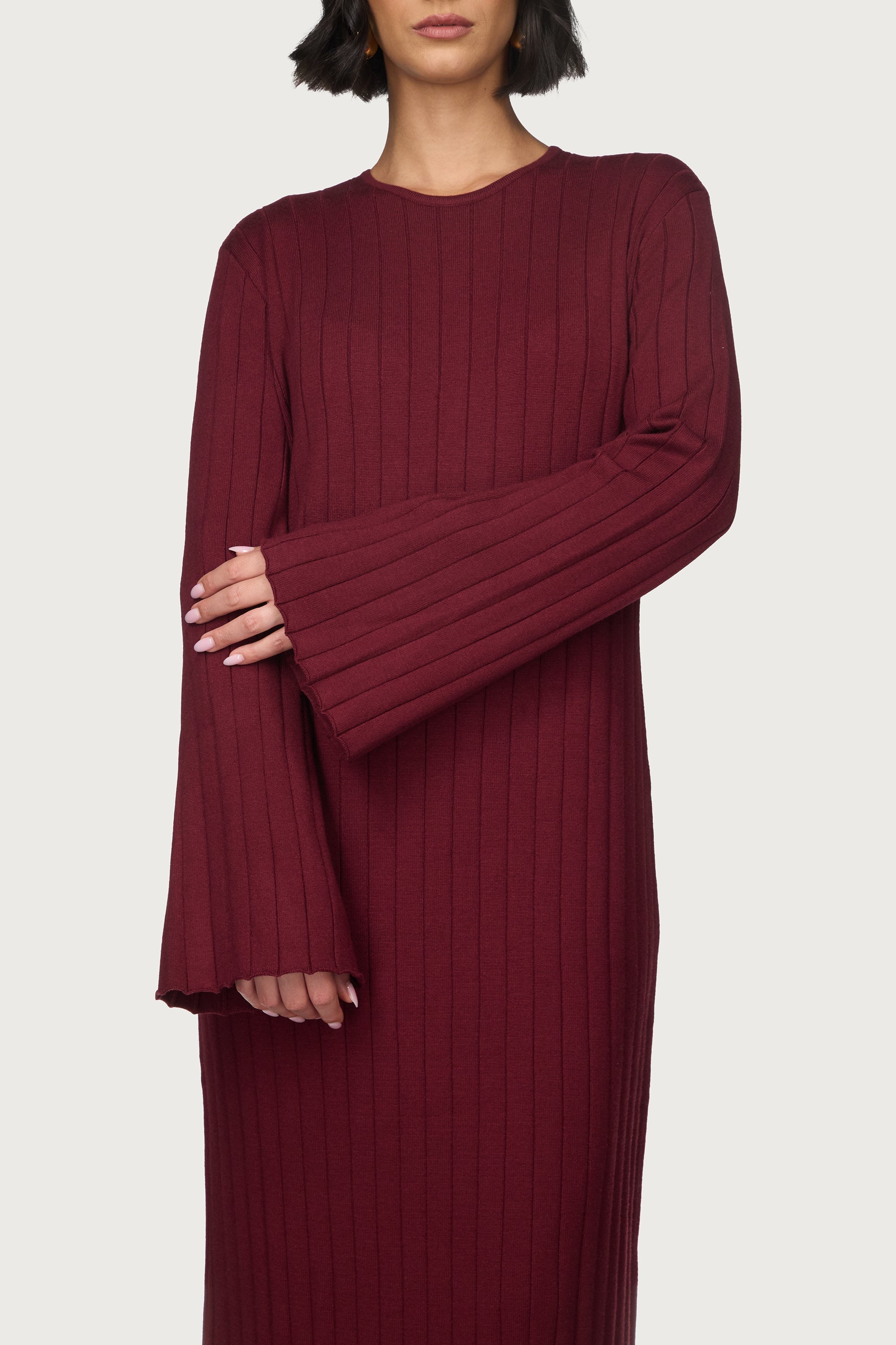 Knit Flare Sleeve Dress - Cherry Lacquer Abayas Veiled
