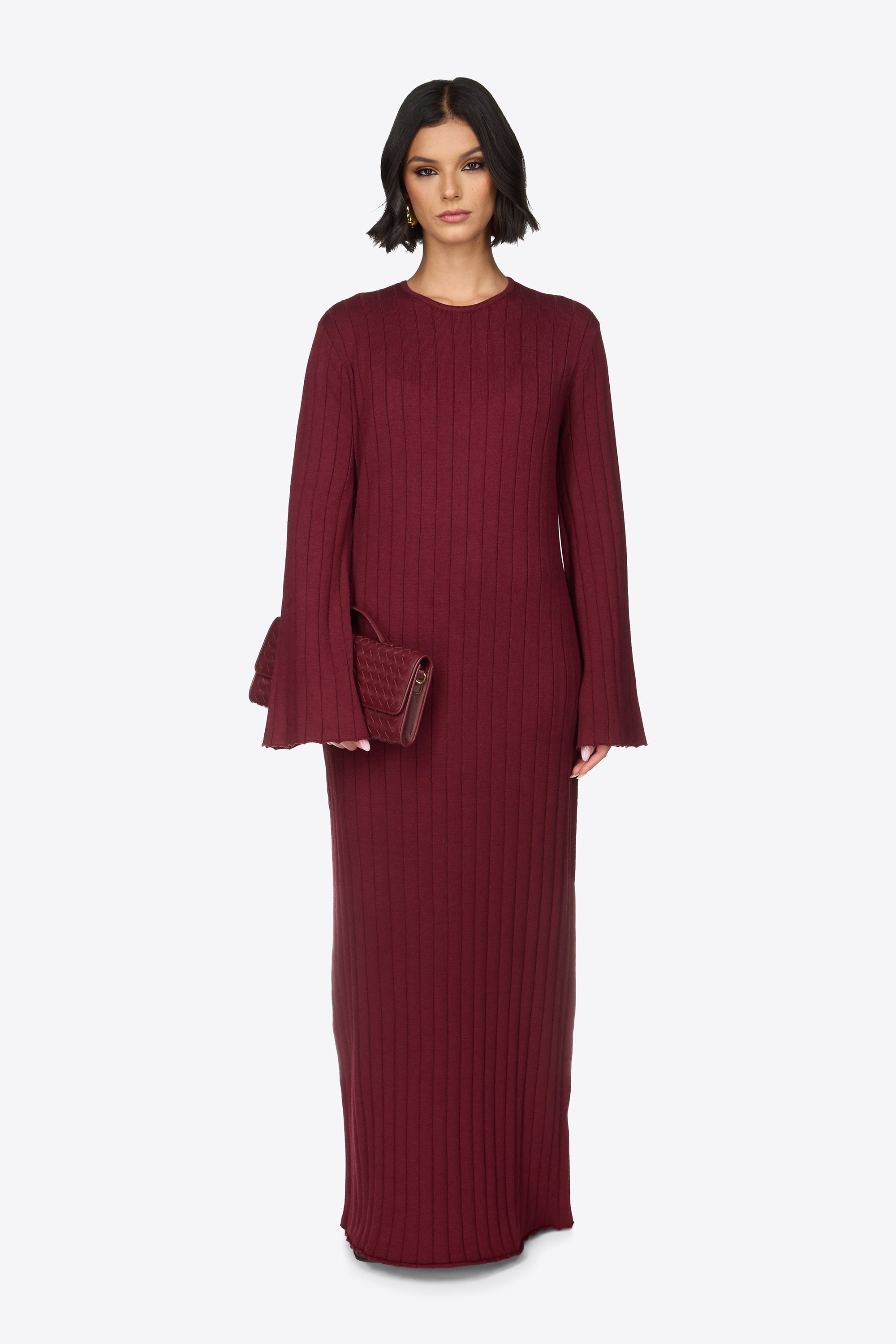 Knit Flare Sleeve Dress - Cherry Lacquer Abayas Veiled