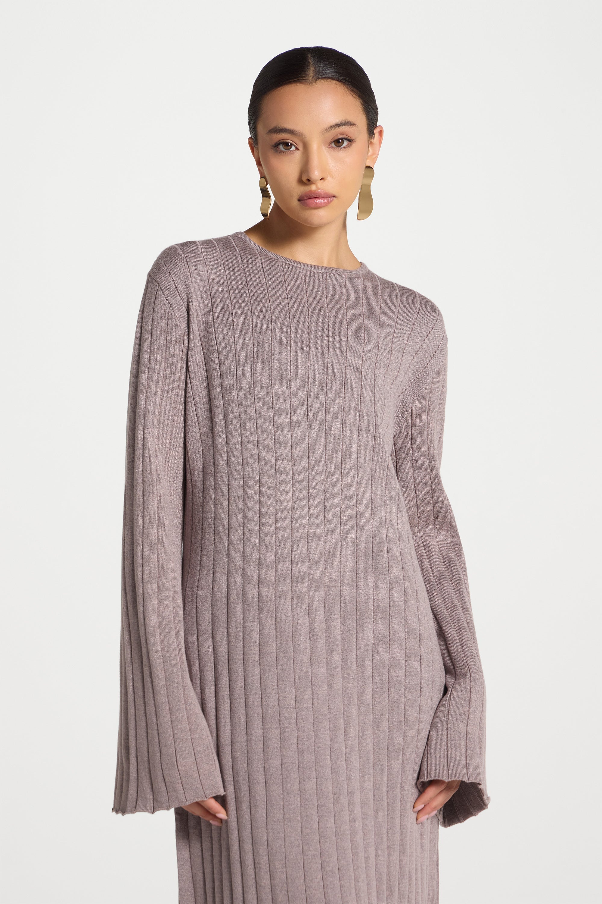 Knit Flare Sleeve Dress - Soft Mauve Abayas Veiled