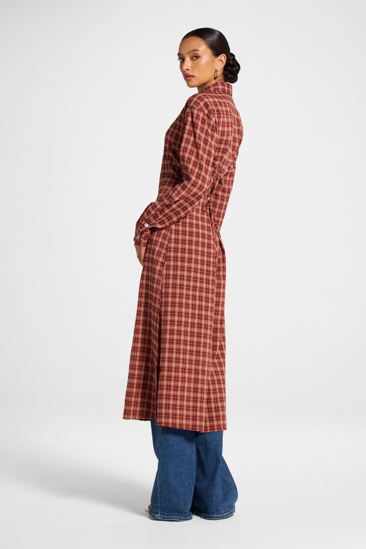 Lace Back Midi Button Down Top - Dark Cherry Top Veiled