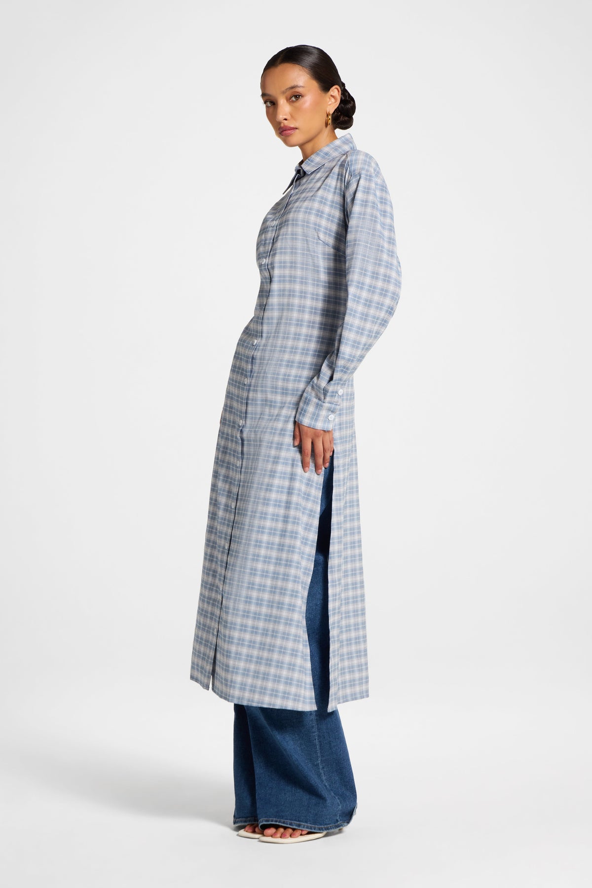 Lace Back Midi Button Down Top - Frost Top Veiled