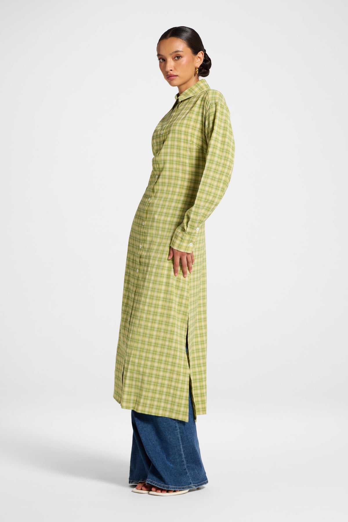 Lace Back Midi Button Down Top - Green Glow Top Veiled