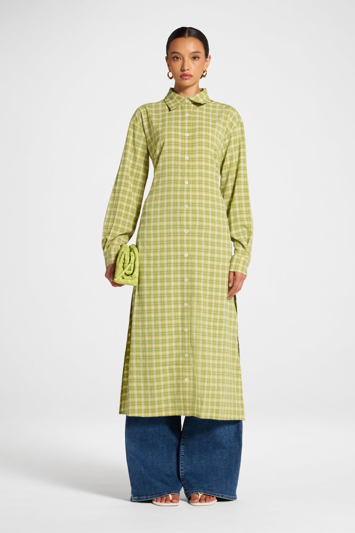 Lace Back Midi Button Down Top - Green Glow Top Veiled