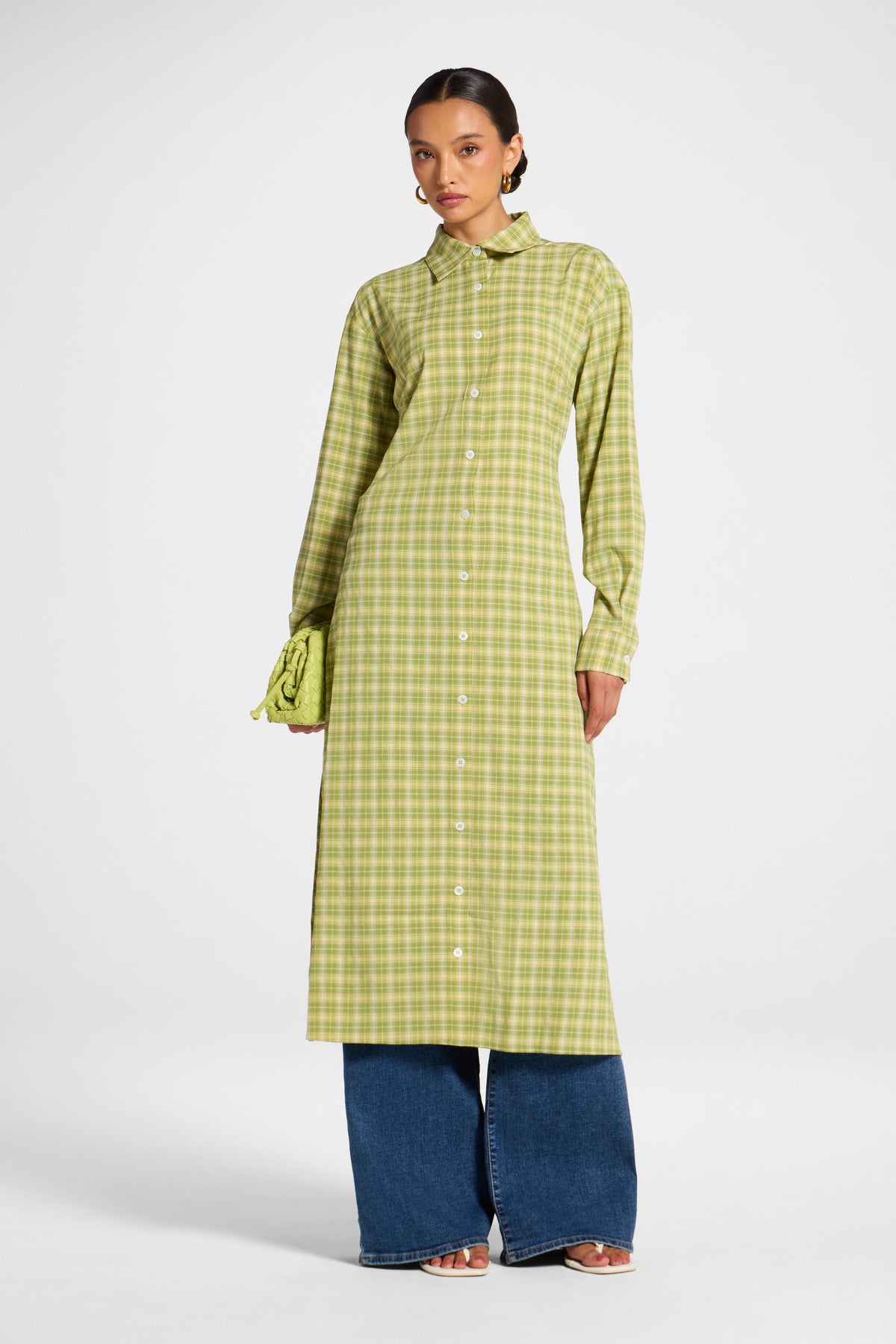 Lace Back Midi Button Down Top - Green Glow Top Veiled