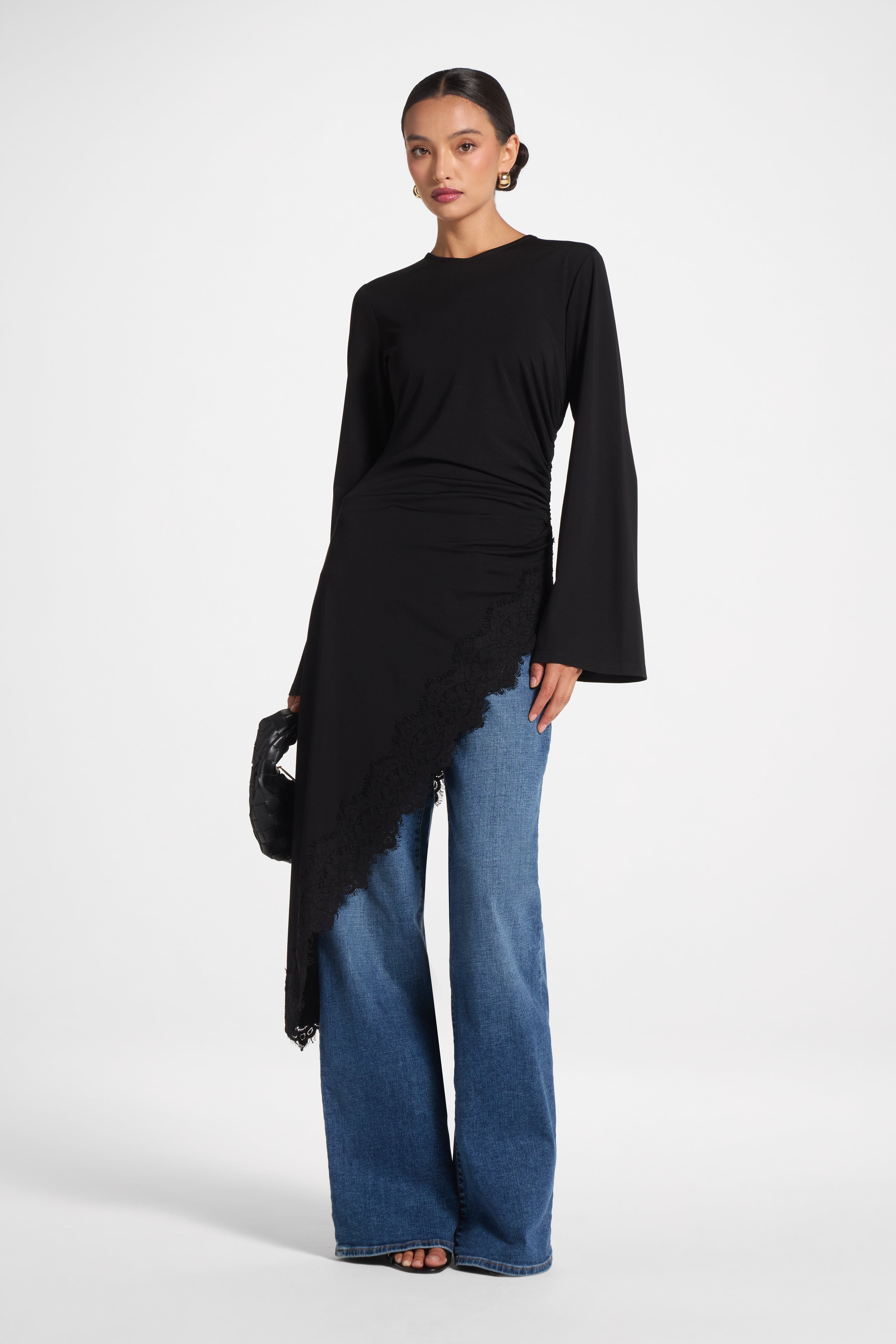 Lace Detail Midi Tunic Top - Black Top Veiled