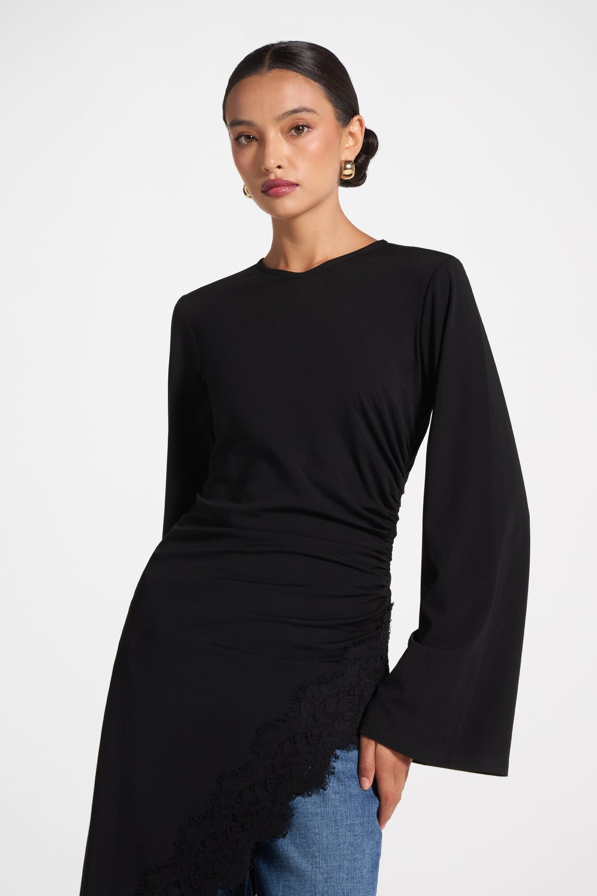 Lace Detail Midi Tunic Top - Black Top Veiled
