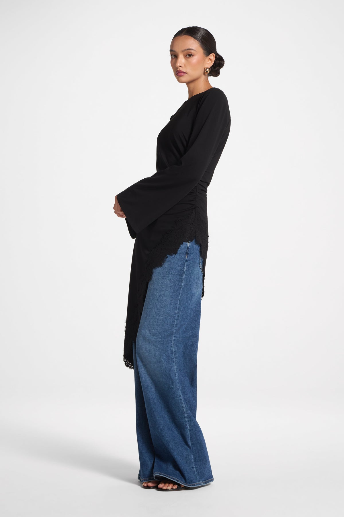 Lace Detail Midi Tunic Top - Black Top Veiled