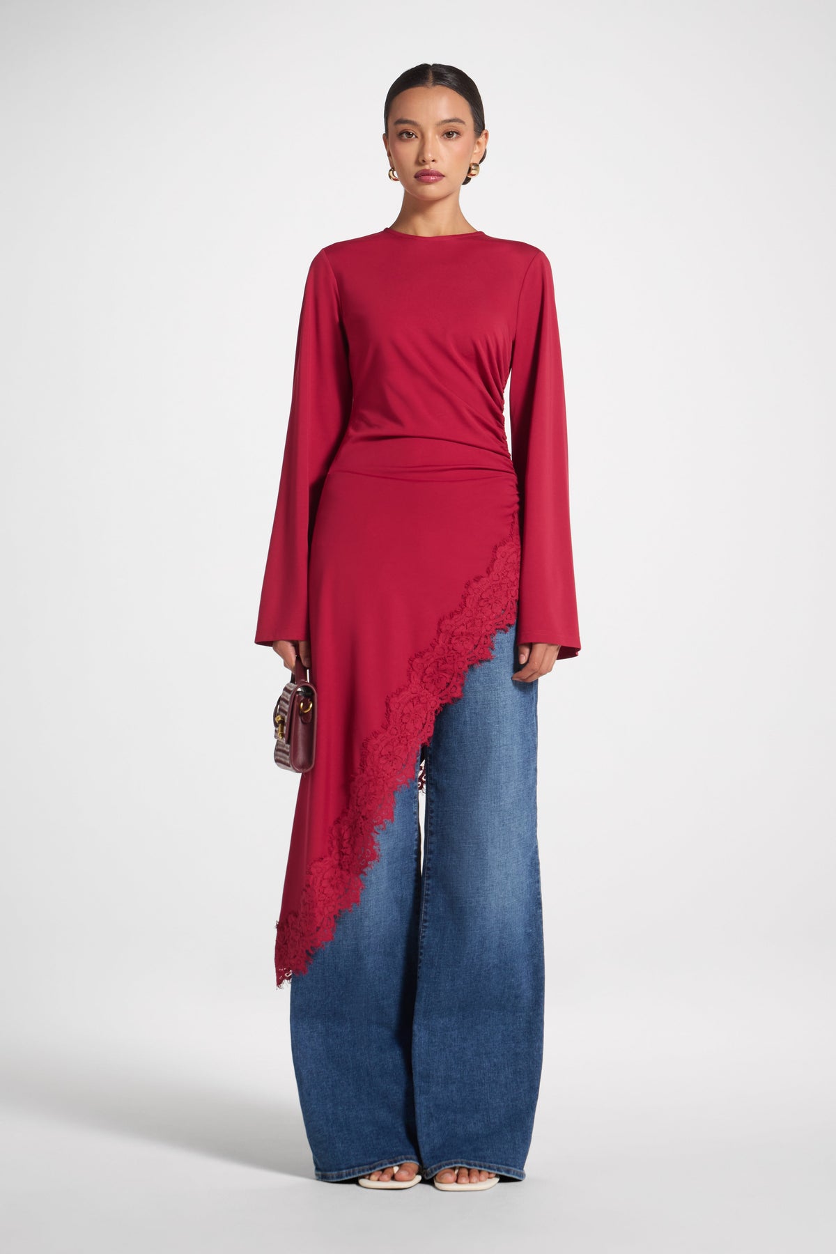 Lace Detail Midi Tunic Top - Dark Cherry Top Veiled