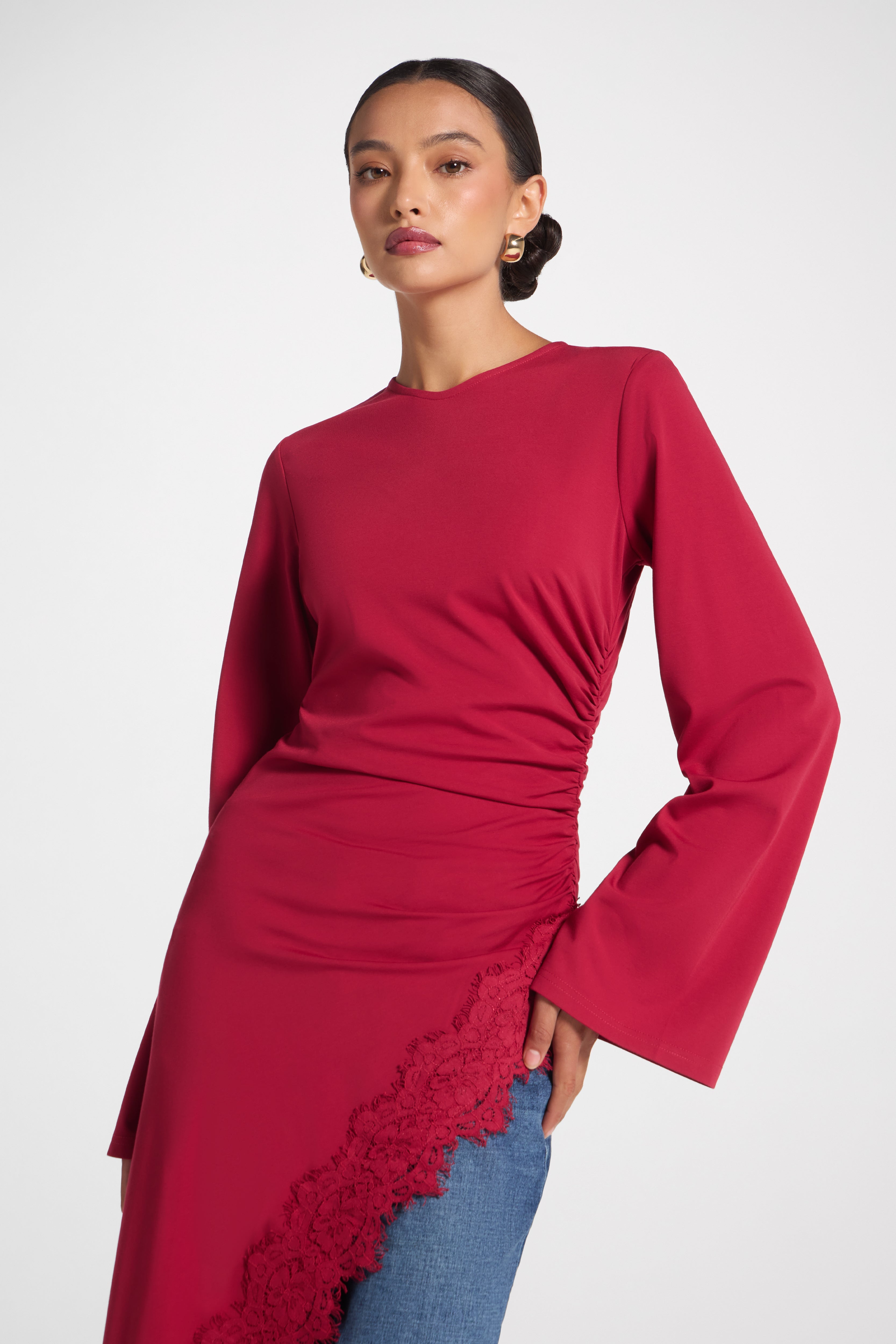 Lace Detail Midi Tunic Top - Dark Cherry Top Veiled
