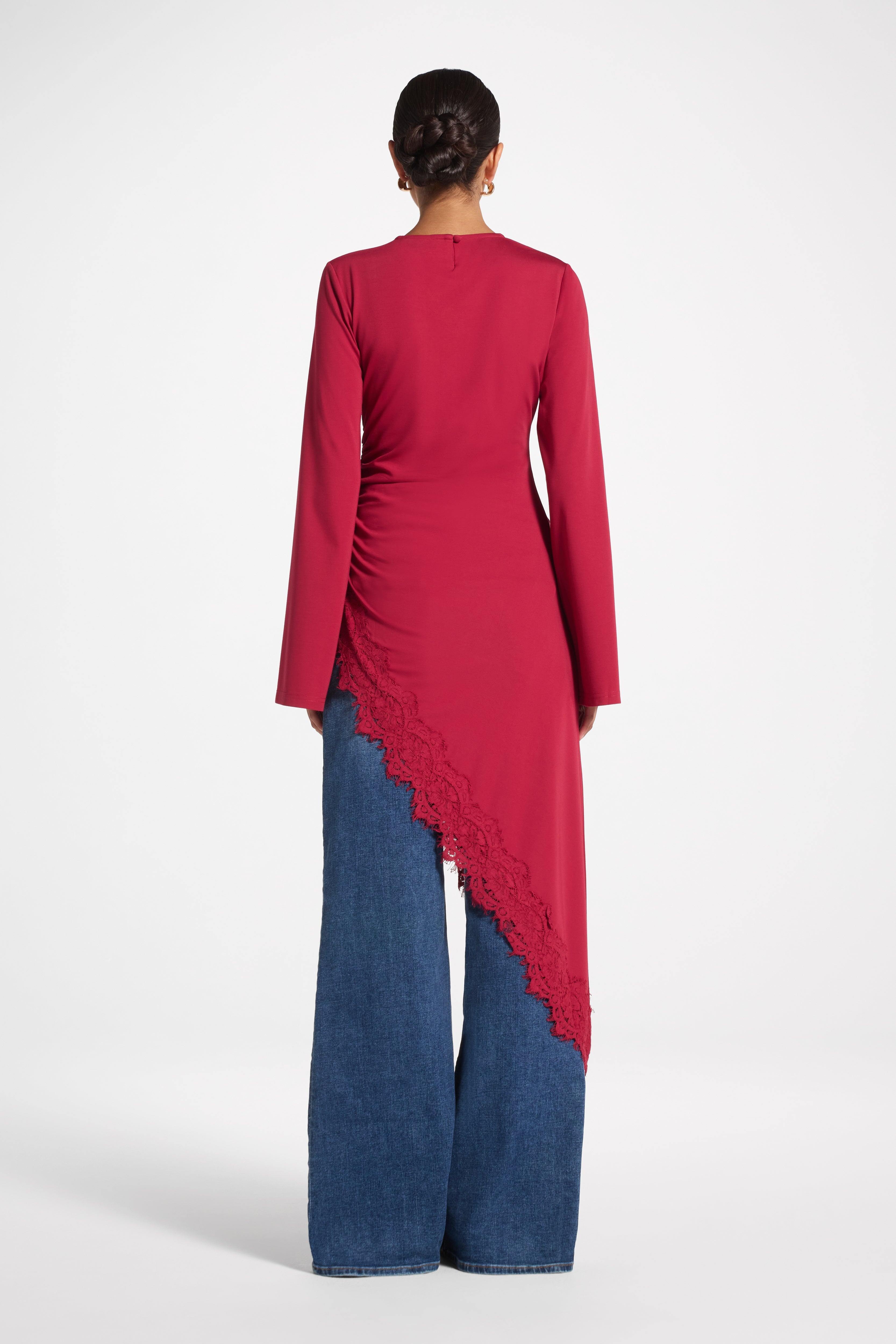 Lace Detail Midi Tunic Top - Dark Cherry Top Veiled