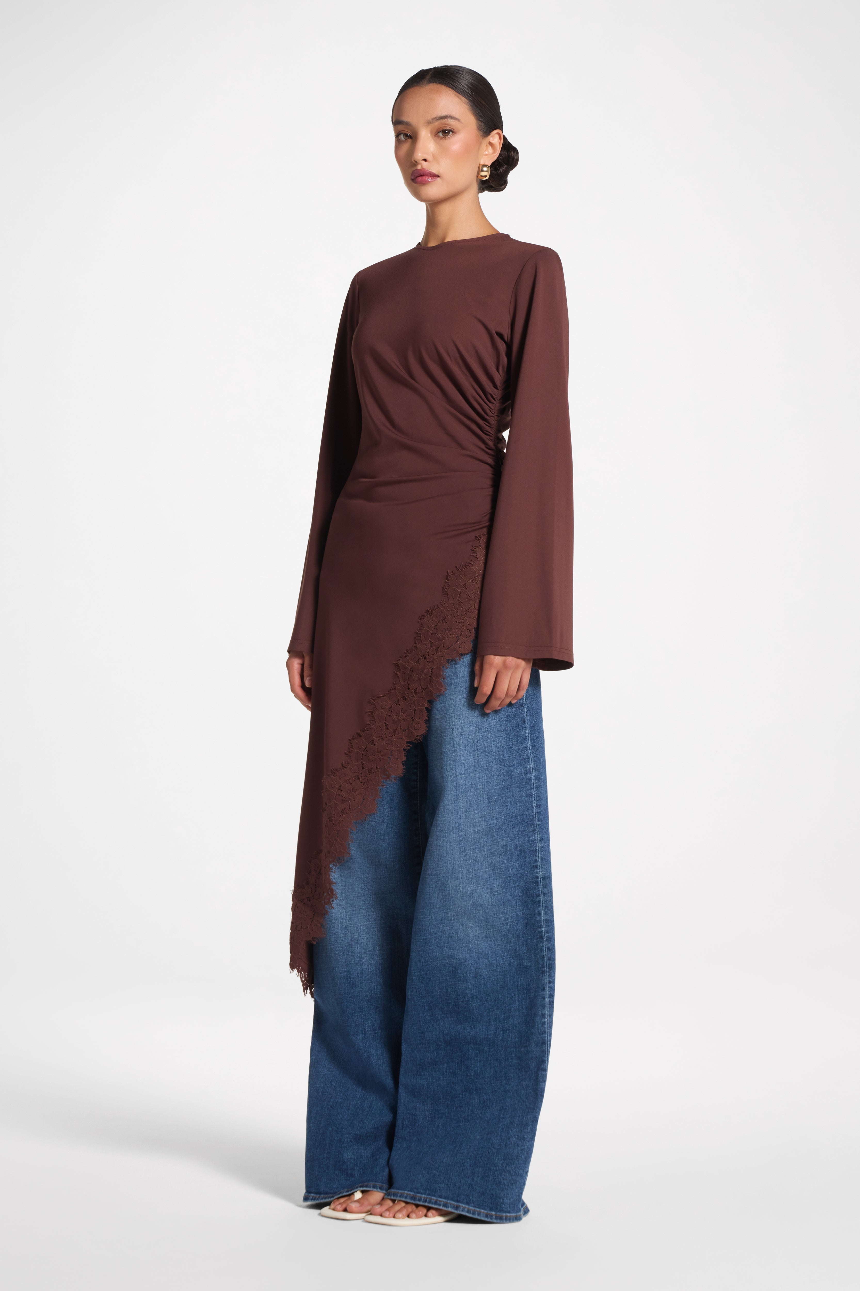 Lace Detail Midi Tunic Top - Espresso Top Veiled