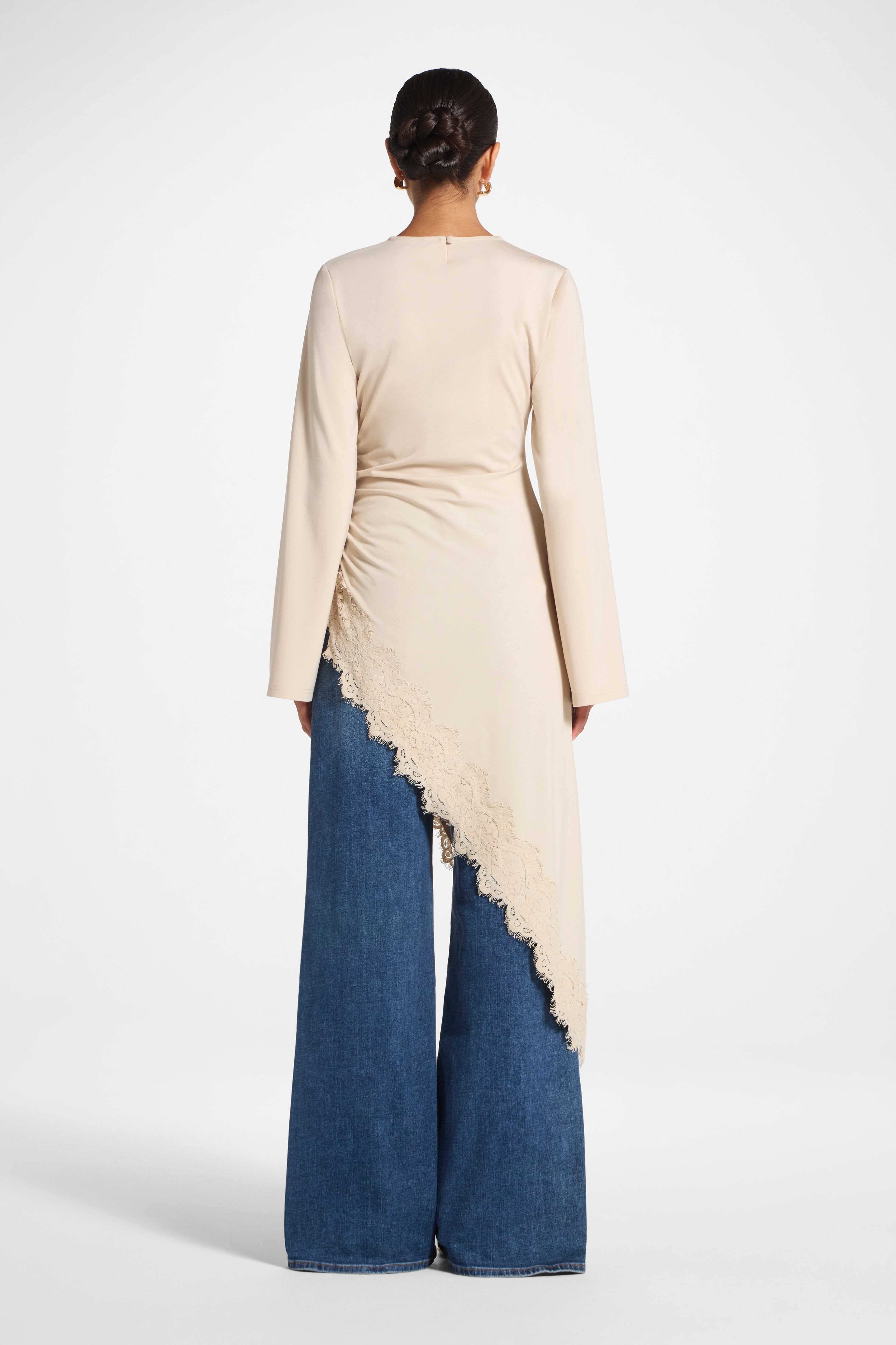 Lace Detail Midi Tunic Top - Stone Top Veiled