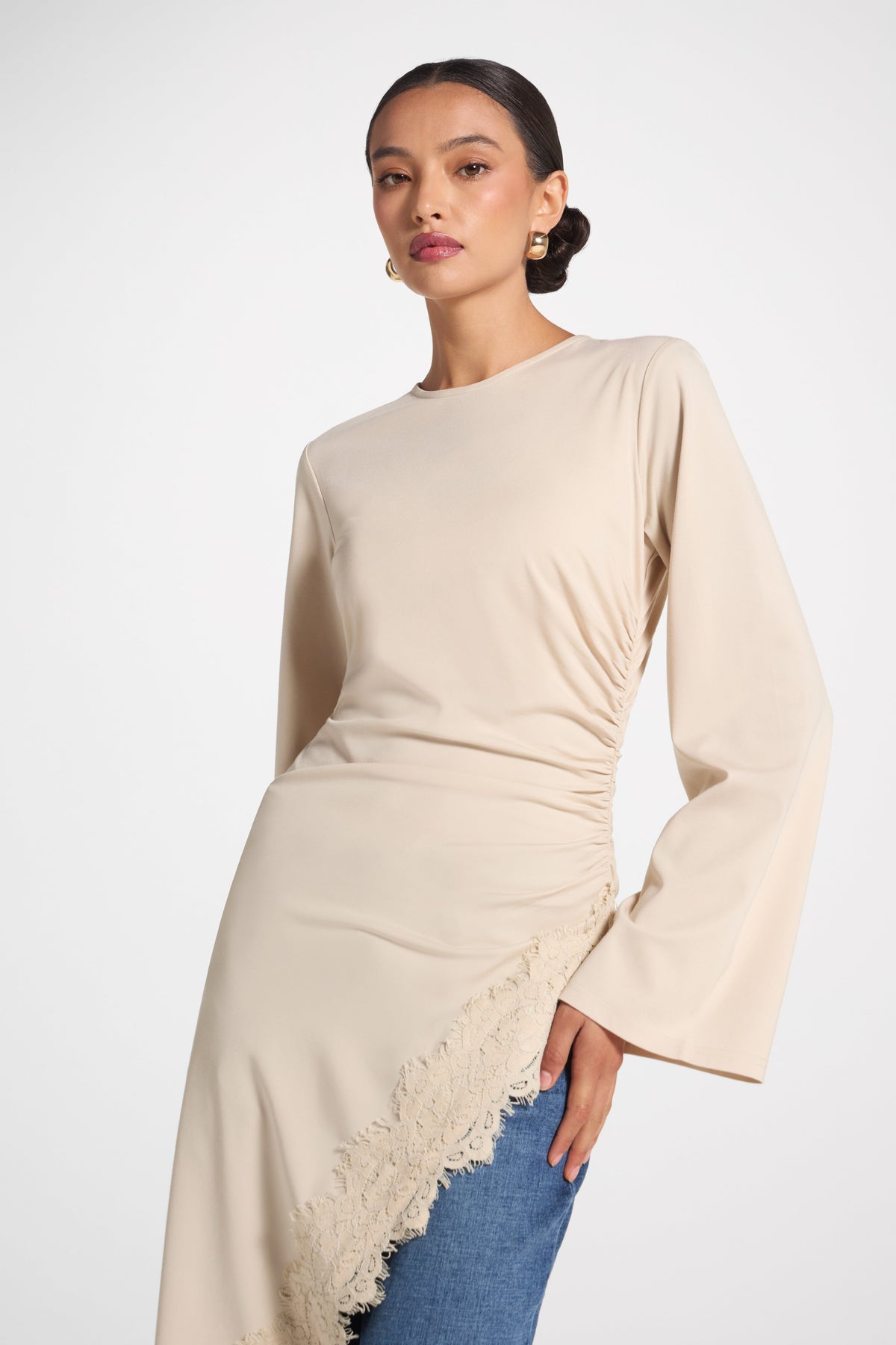 Lace Detail Midi Tunic Top - Stone Top Veiled