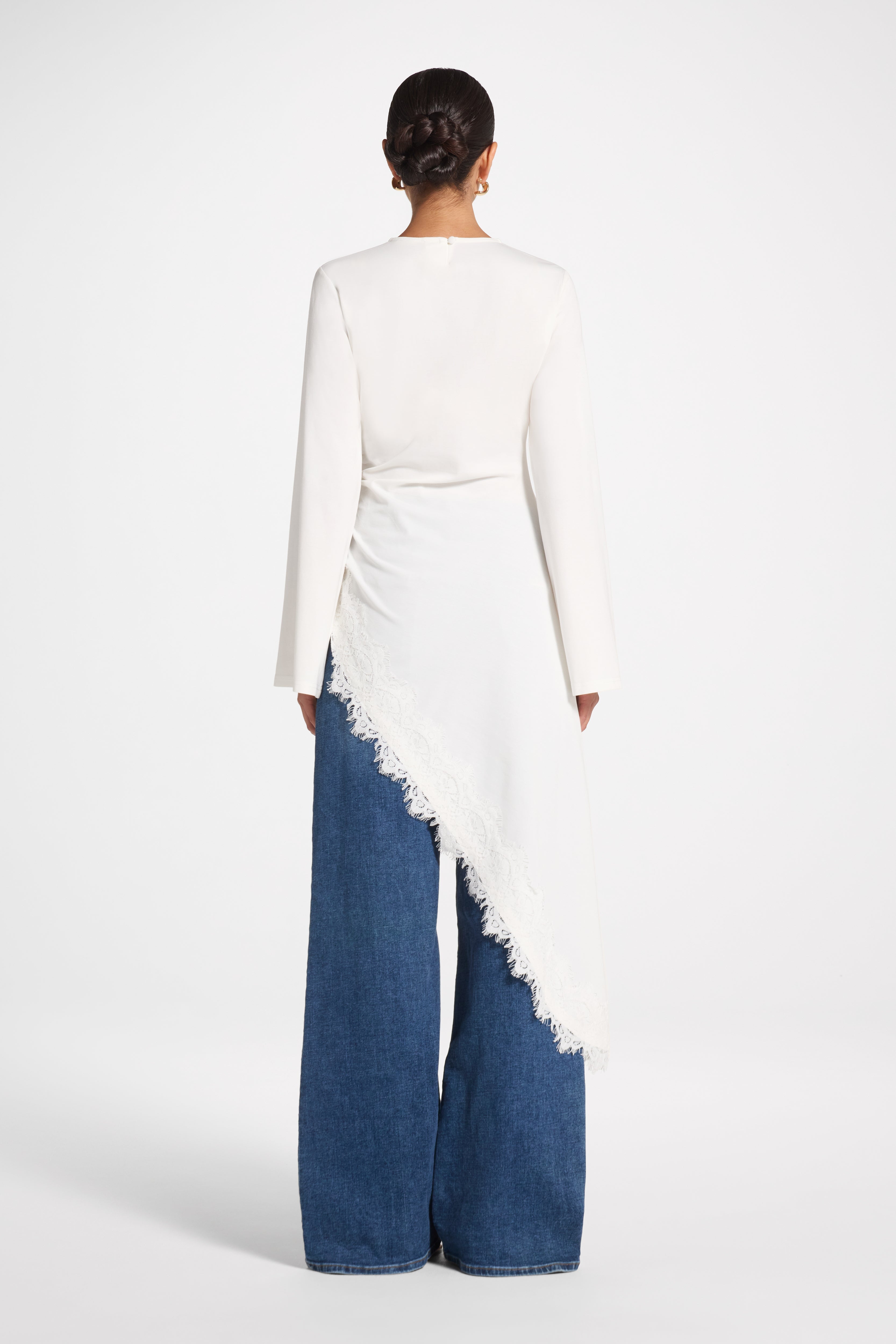 Lace Detail Midi Tunic Top - White Top Veiled