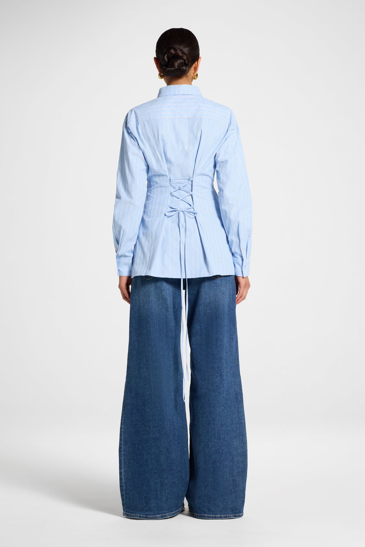Lace Up Back Button Down - Blue Stripe Top Veiled
