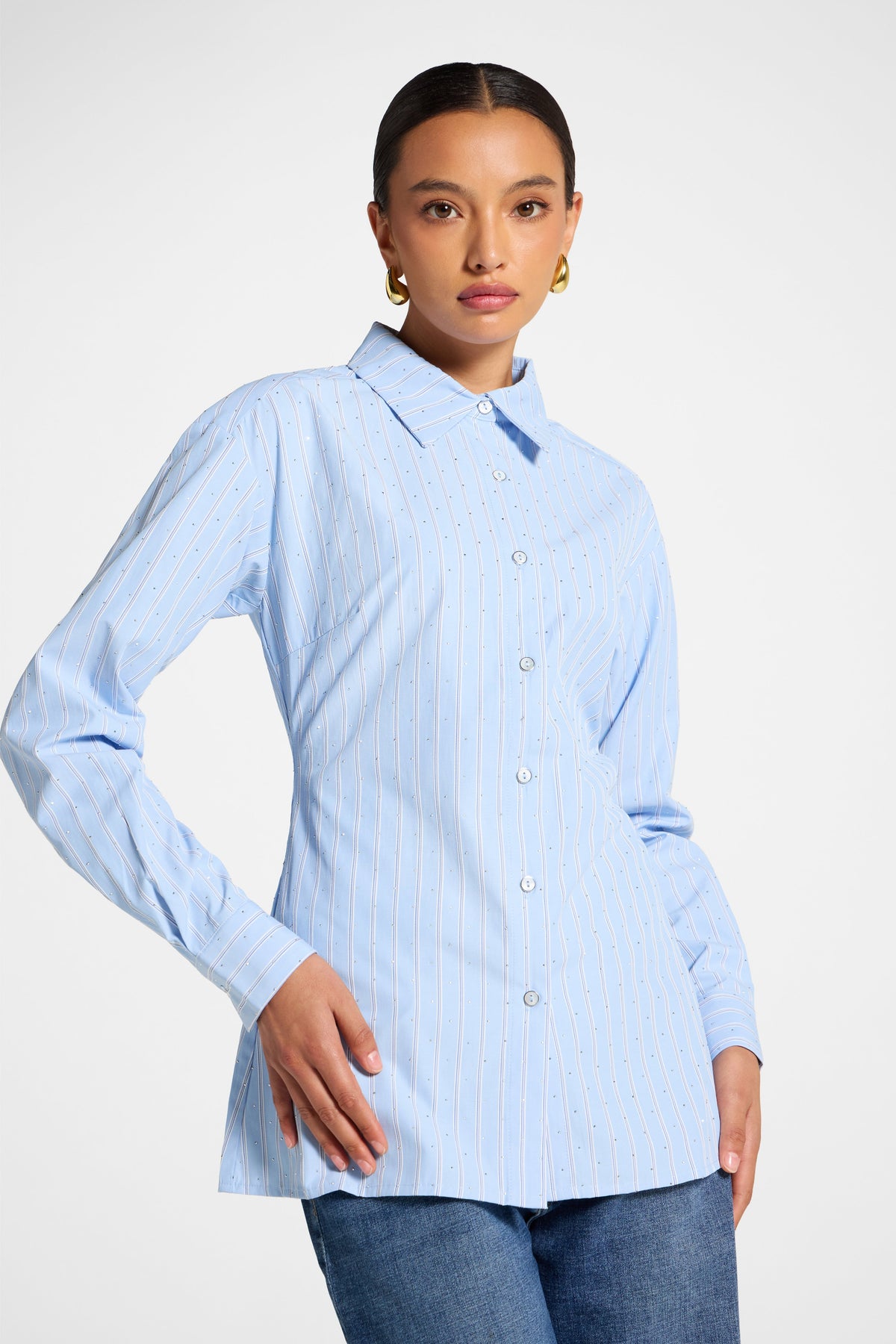 Lace Up Back Button Down - Blue Stripe Top Veiled