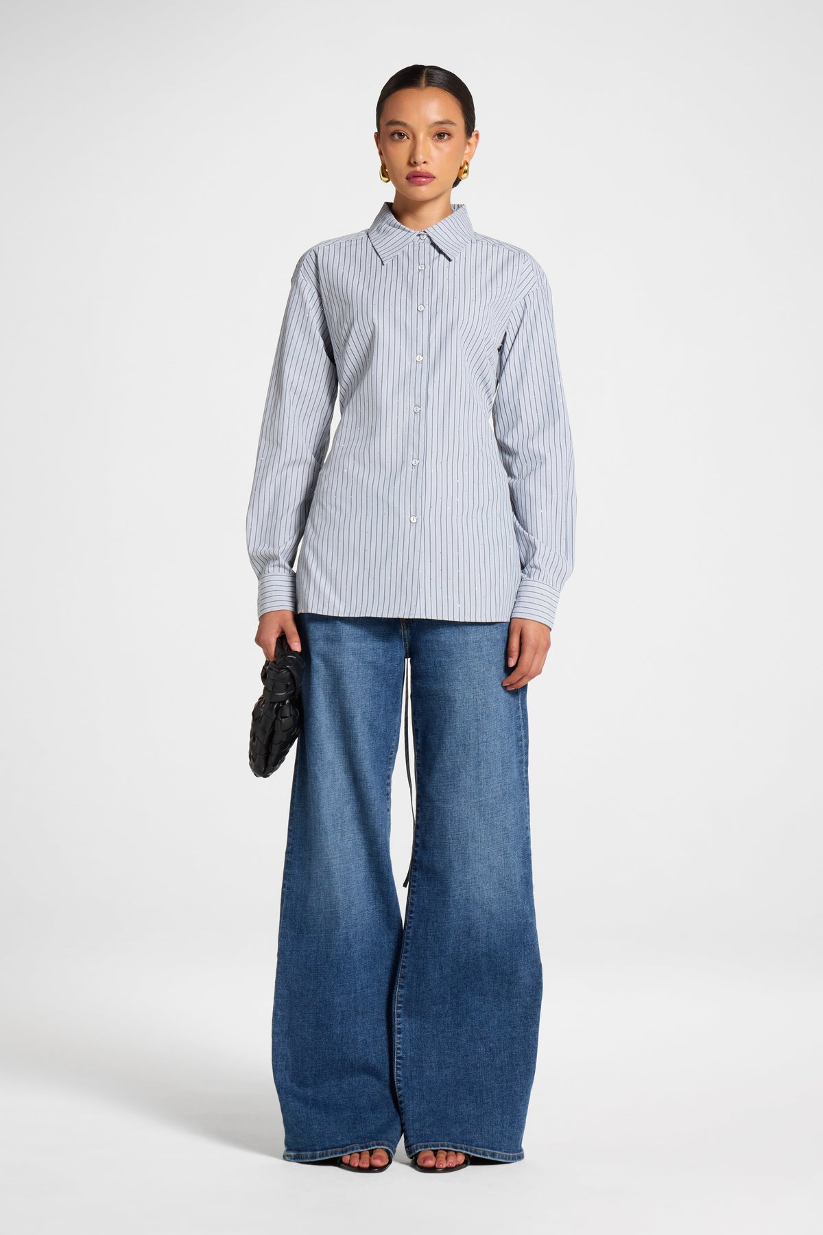 Lace Up Back Button Down - Grey Stripe Top Veiled