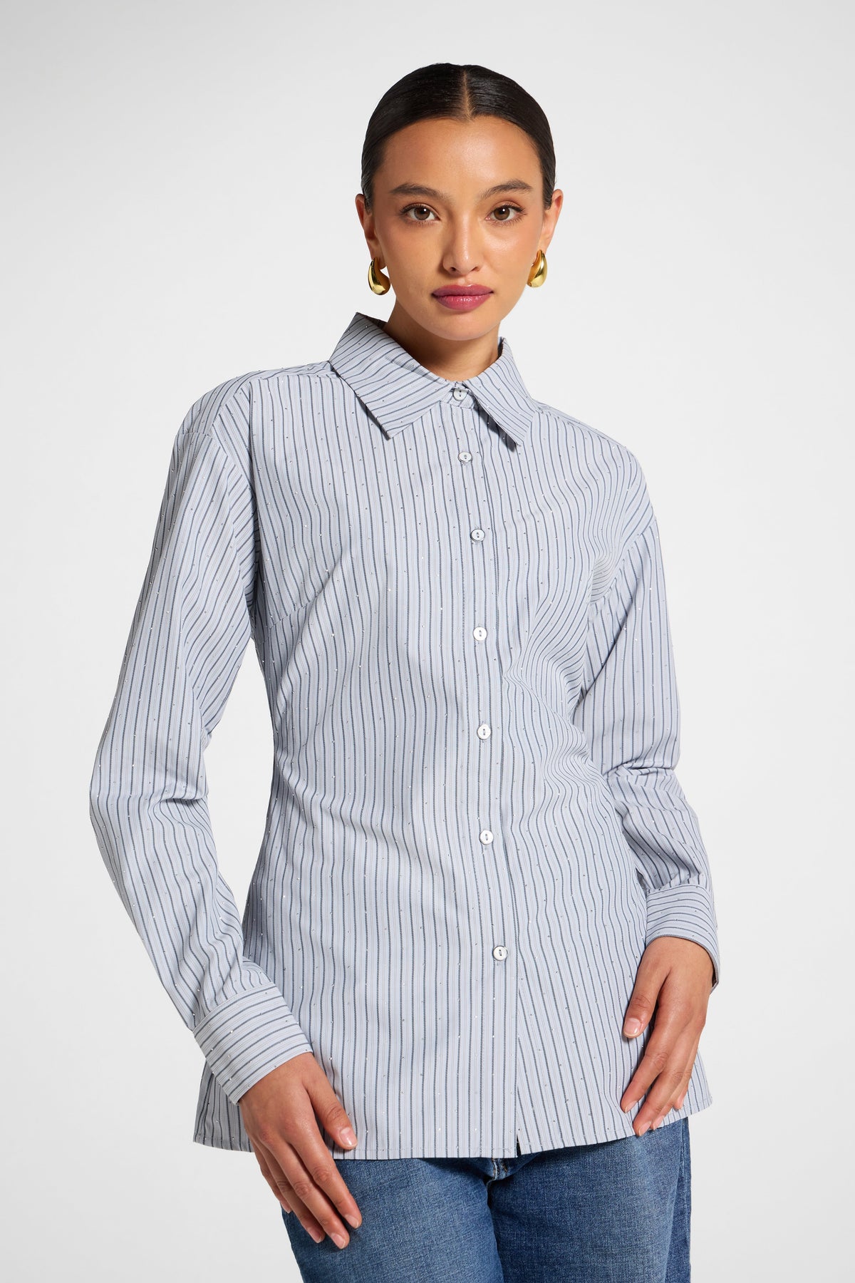 Lace Up Back Button Down - Grey Stripe Top Veiled