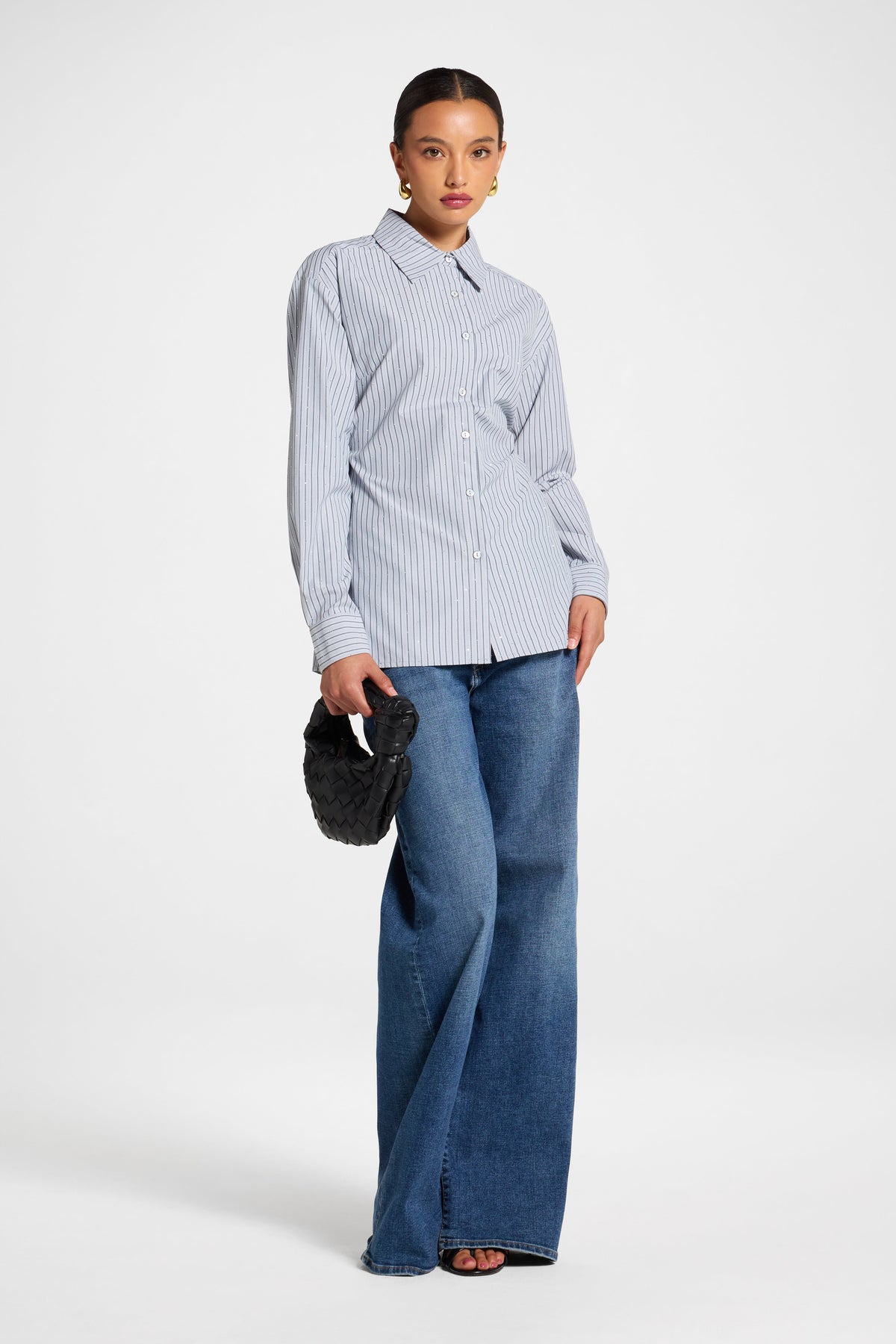 Lace Up Back Button Down - Grey Stripe Top Veiled