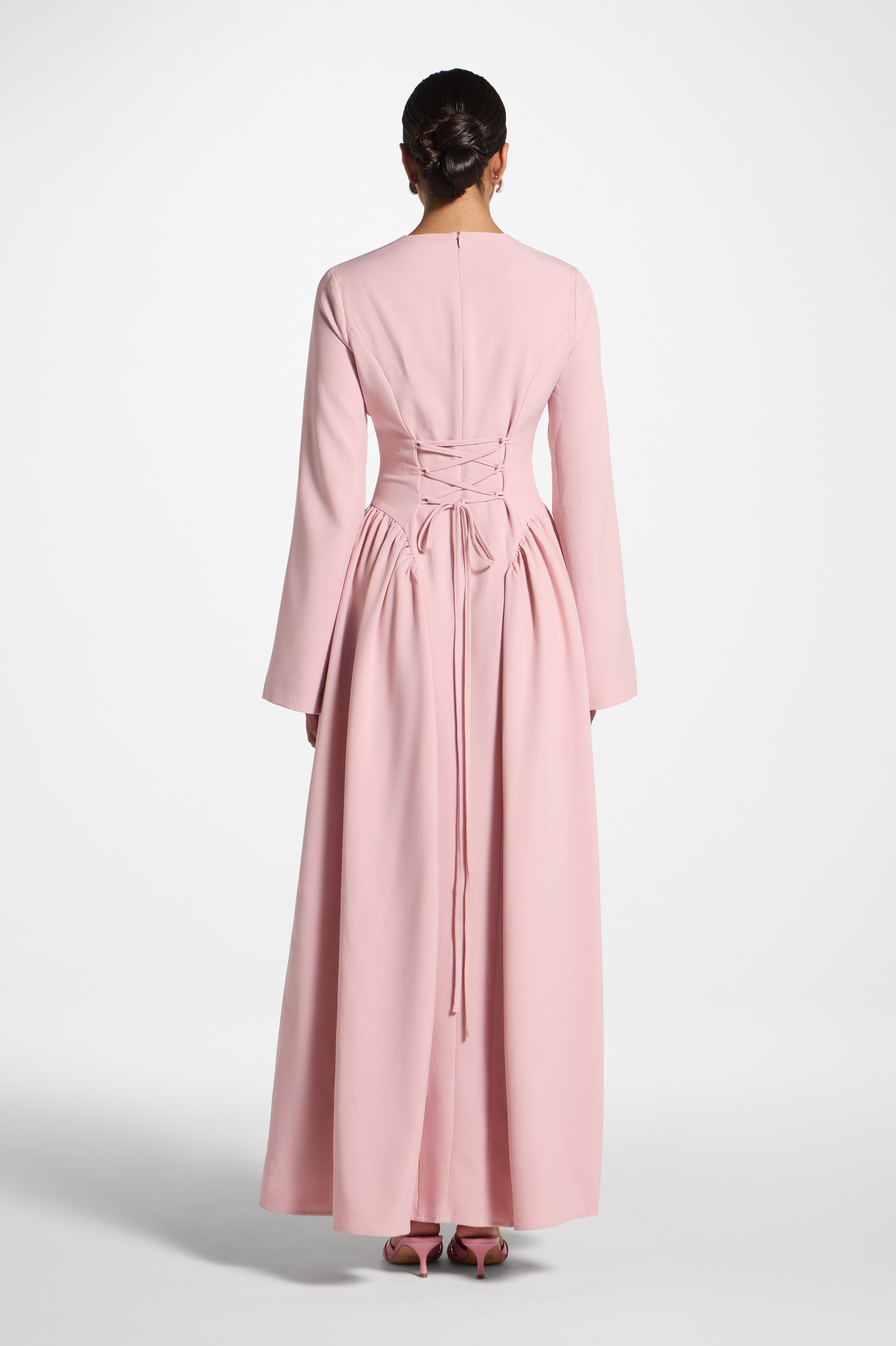 Lace Up Back Maxi Dress - Pink Dress Veiled
