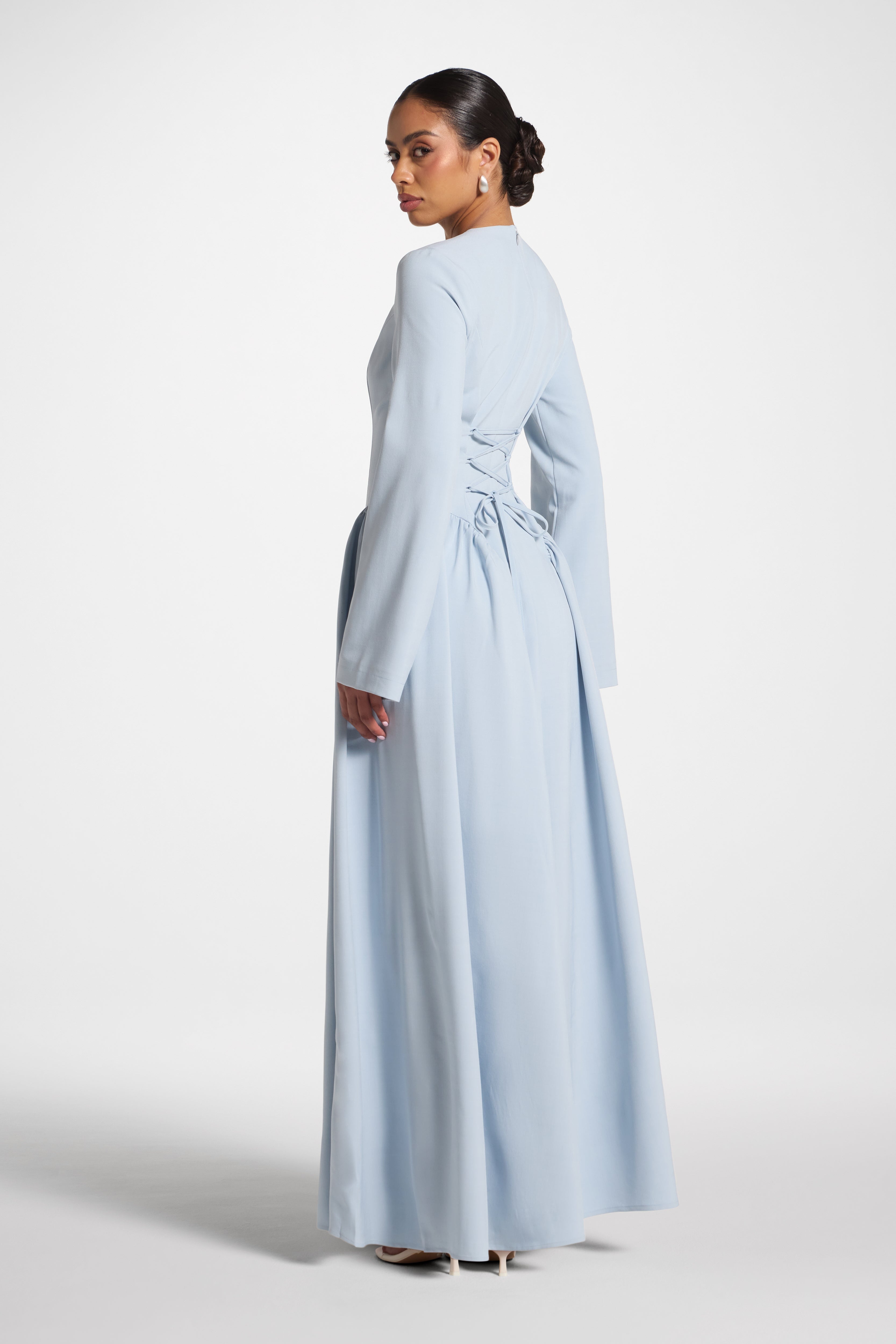 Lace Up Back Maxi Dress - Sky Dress Veiled