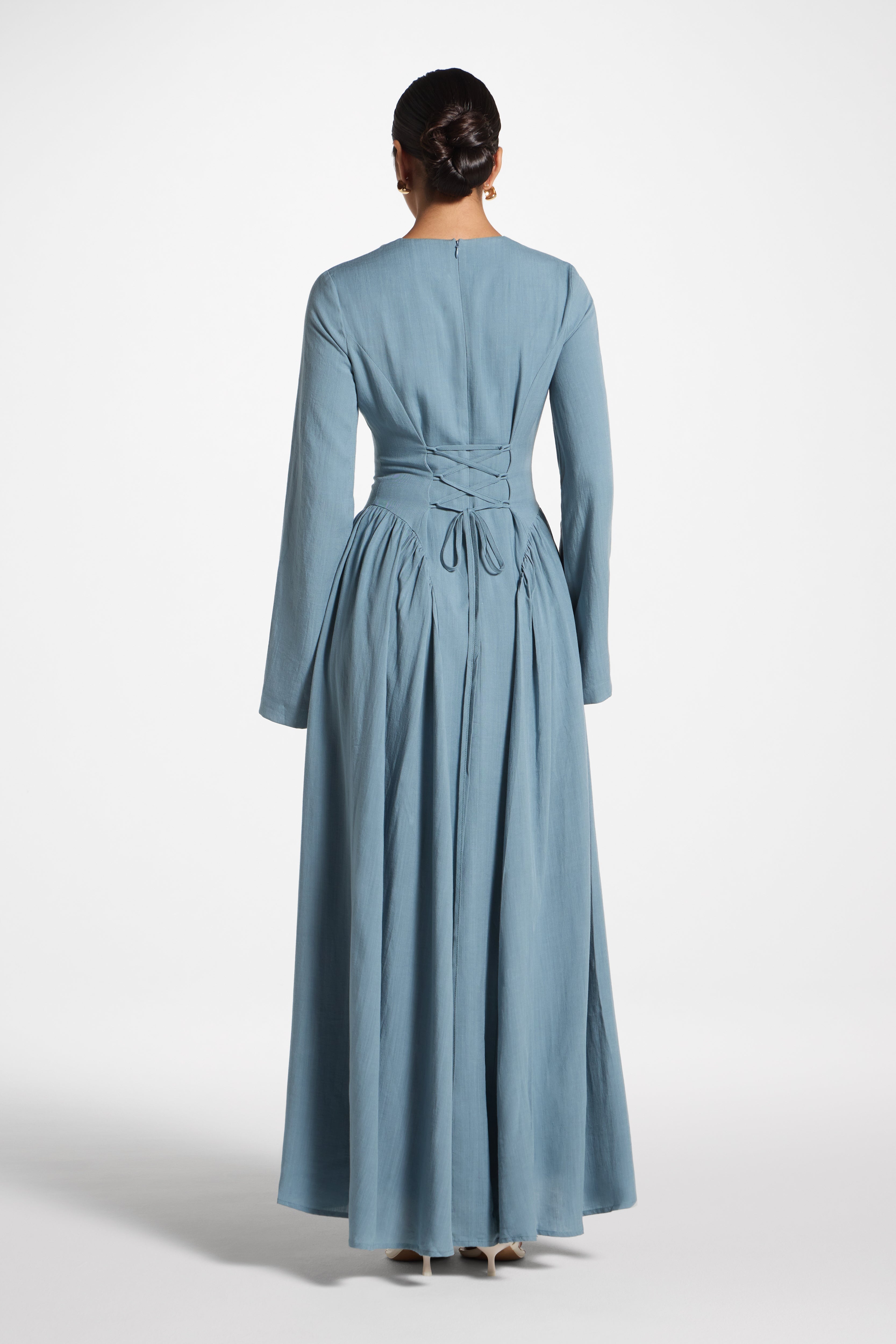 Lace Up Back Tencel Maxi Dress - Denim Dress Veiled