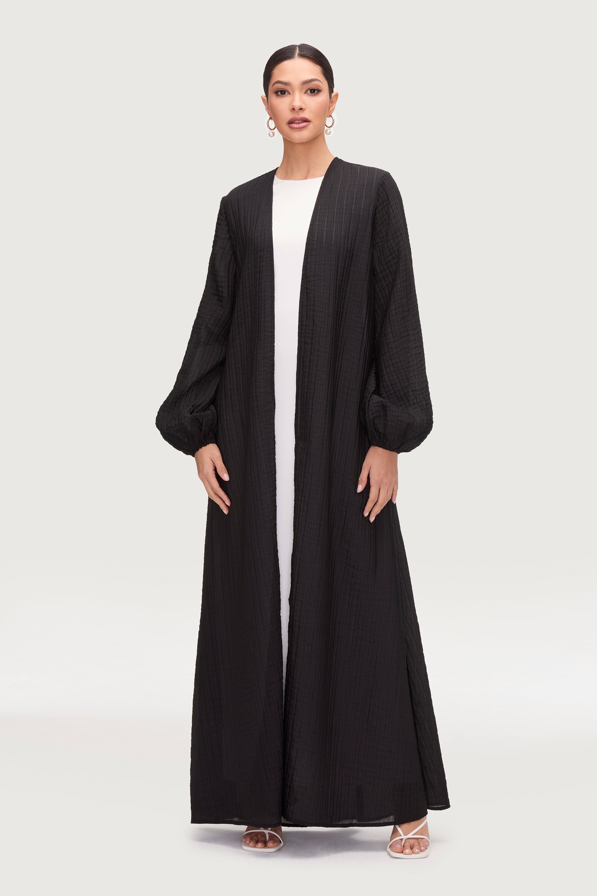 Lamya Balloon Sleeve Open Abaya - Black Abayas Veiled