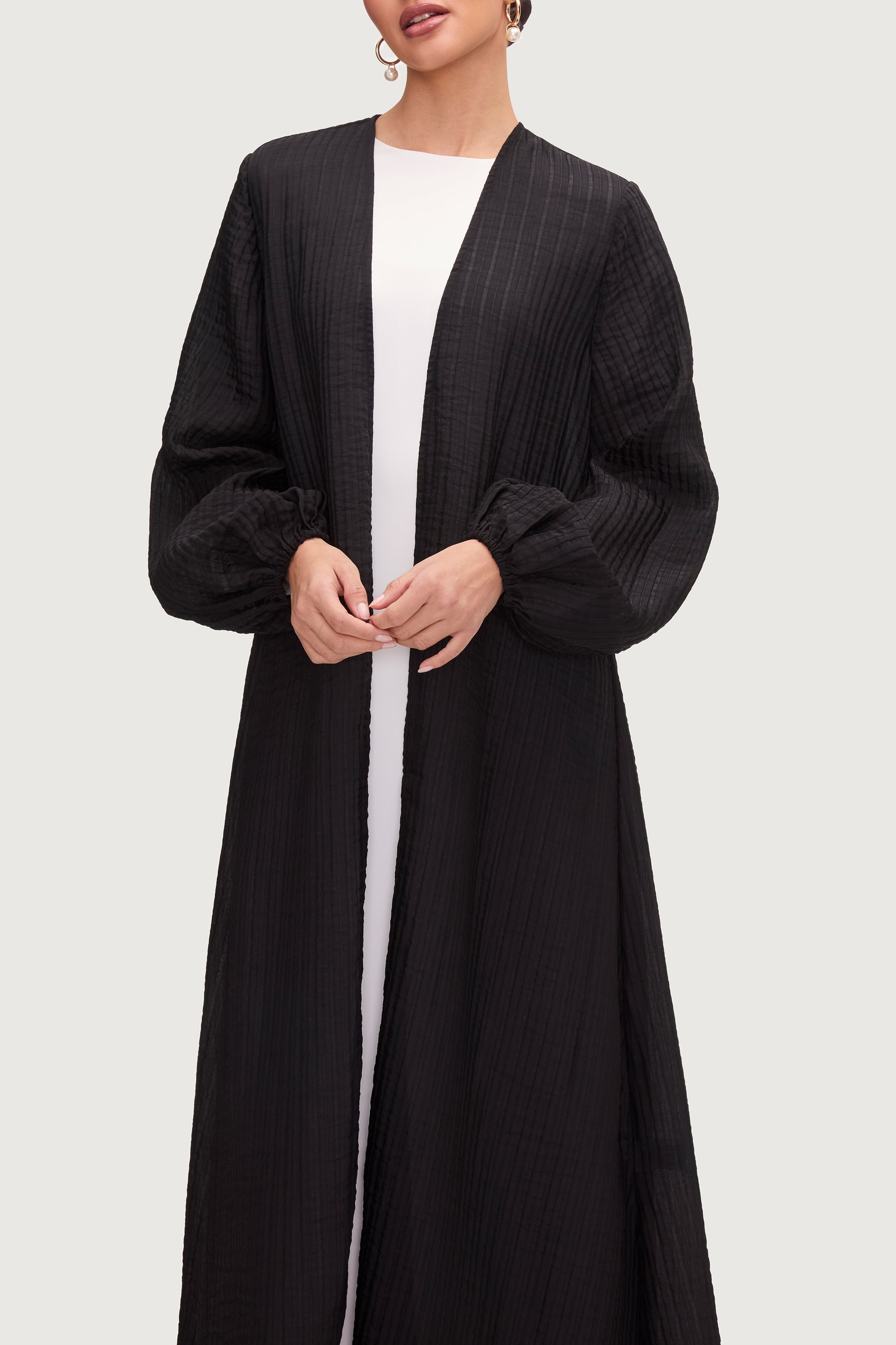 Lamya Balloon Sleeve Open Abaya - Black Abayas Veiled