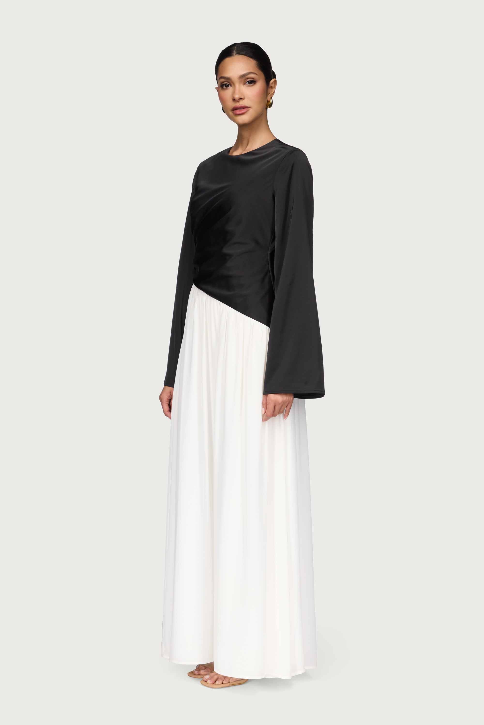 Layal Rouched Contrast Asymmetrical Maxi Dress - Black Dresses Veiled