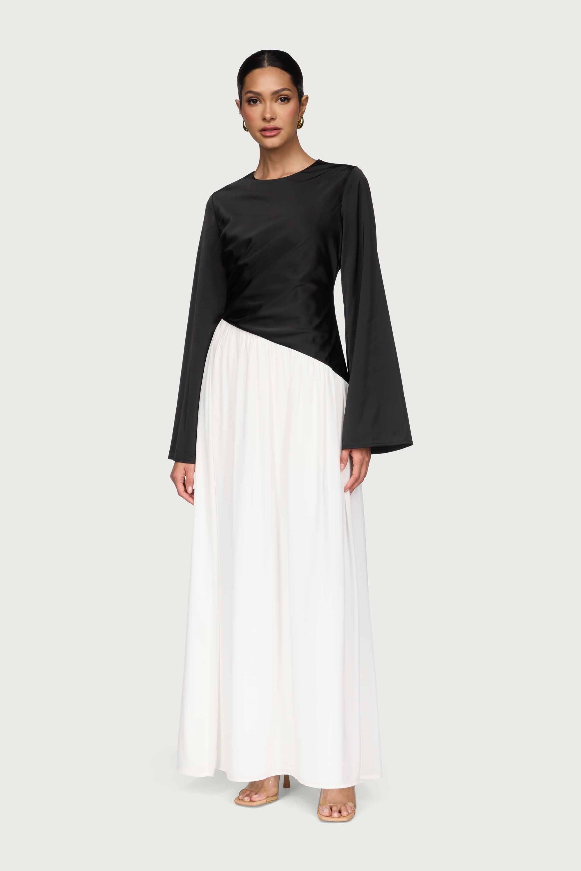 Layal Rouched Contrast Asymmetrical Maxi Dress - Black Dresses Veiled